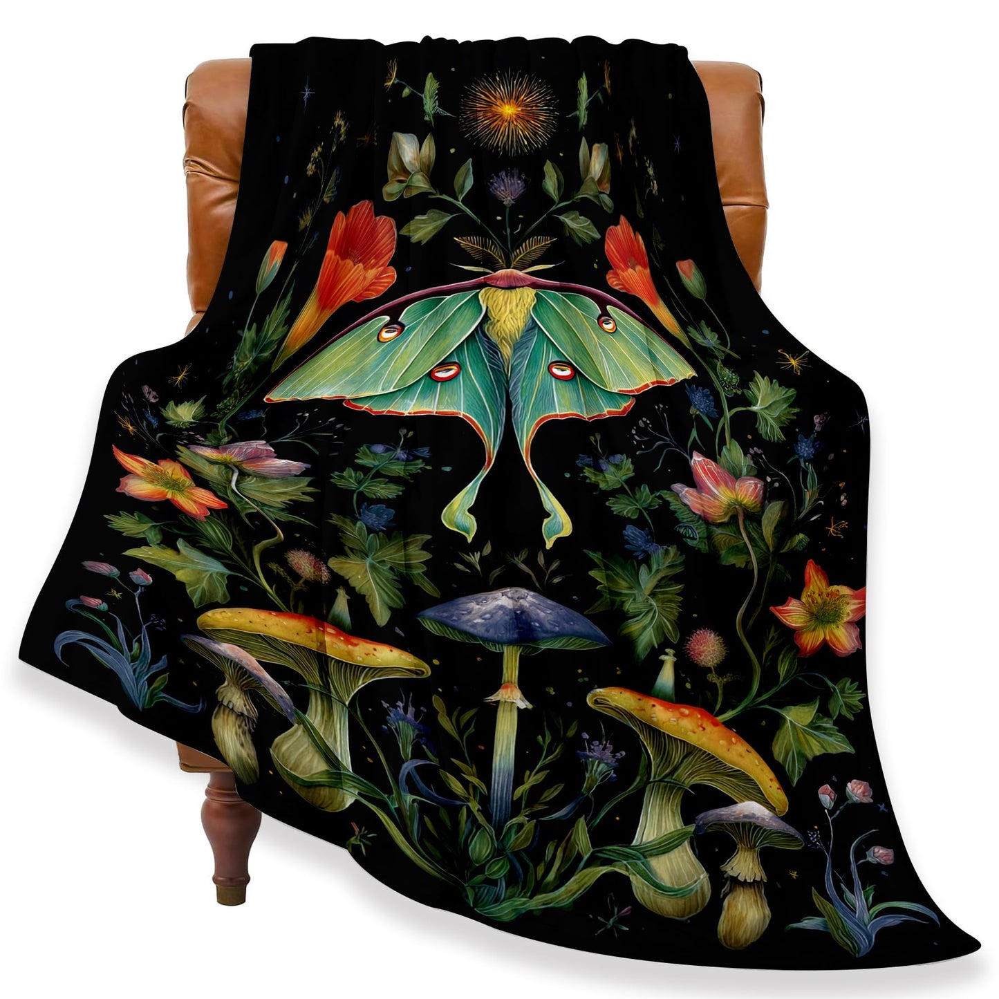 Yookeb Moth Gothic Flower Throw Blanket Butterfly Goth Mysterious Plant Botanical Witchy Soft Warm Gift Flannel Blanket for Couch Sofa Chair Bed or Dorm, 50 x 60 Inch
