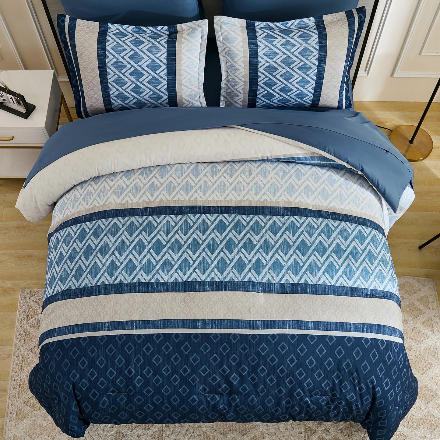 Cottolester Queen Comforter Set 7 Pieces Blue Boho Striped Bed in a Bag,Soft Microfiber Complete Bedding Sets