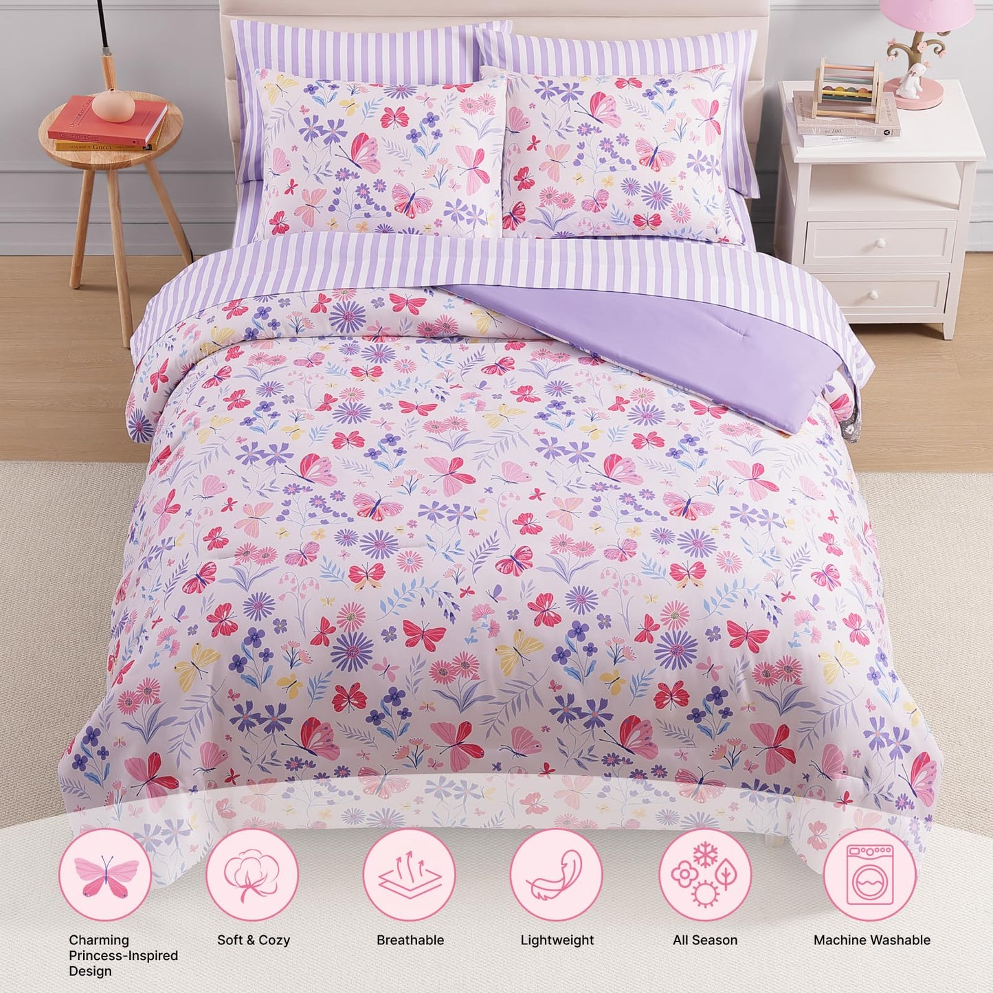 Wink Deer Twin Comforter Set with Sheets for Girls-5 Pieces Twin Bedding Sets with Pink Comforter, Sheets, Pillowcase & Sham for Kids (Cute Botanical Flowers, 66" X 86")