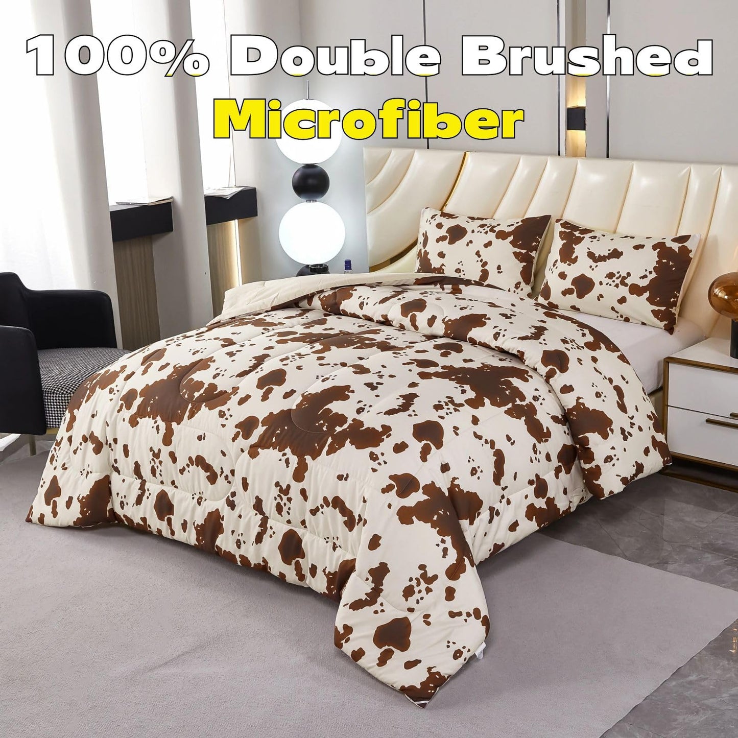 PERFEMET 3 Pieces Cow Print Queen Comforter Set, Brown and Beige Teens Boys Girls Bedding Set, Farmhouse Western Comforter Set for Queen Size Bed (Beige,Queen)