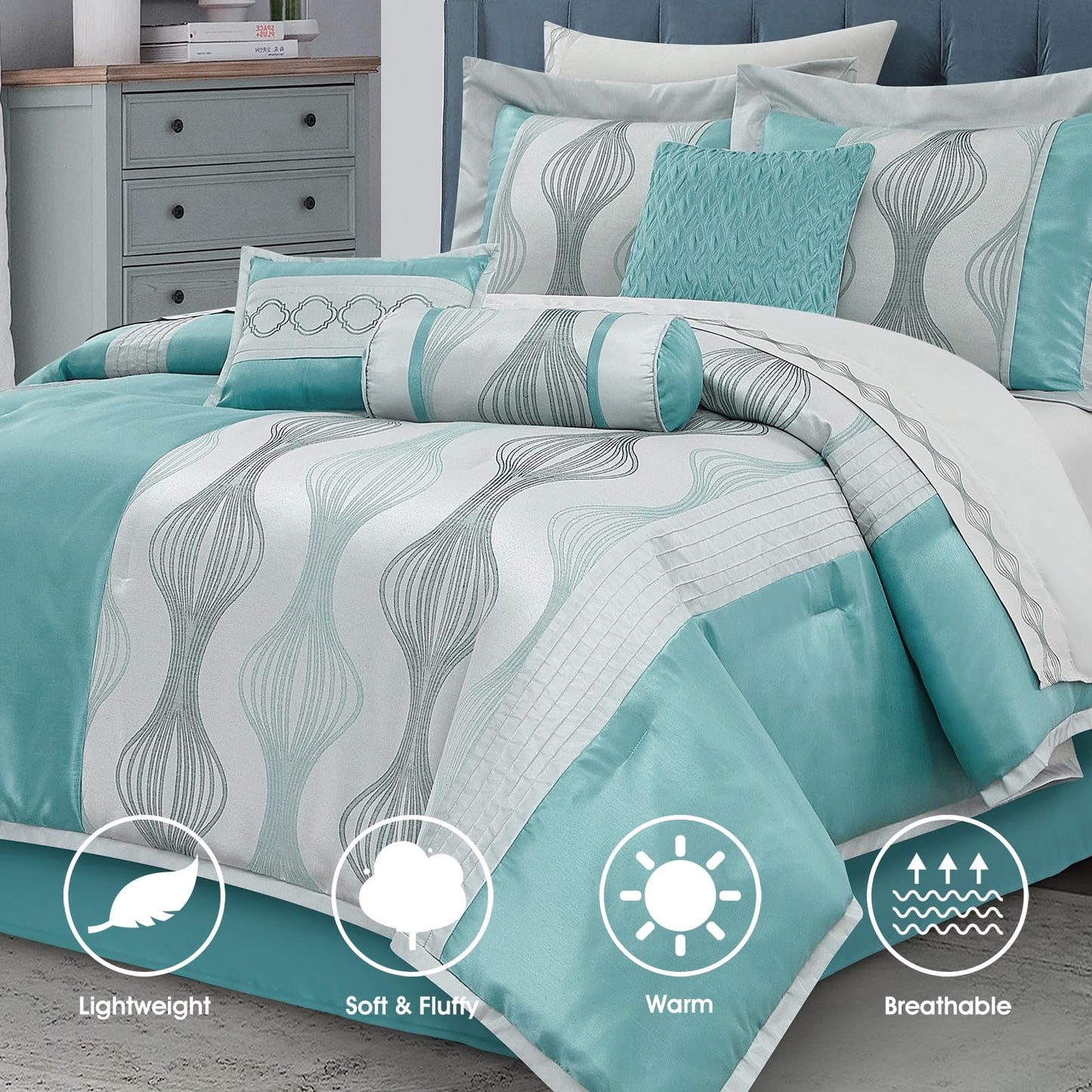 LANCO MODERN LIFESTYLE Queen Comforter Set, Blue, 15 Pieces Room in a Bag, Ultra Soft Jacquard with Patchwork, Luxury Bed Set with Sheets, Curtains, Bed Skirt, Pillow Shams, Cases and Pillows