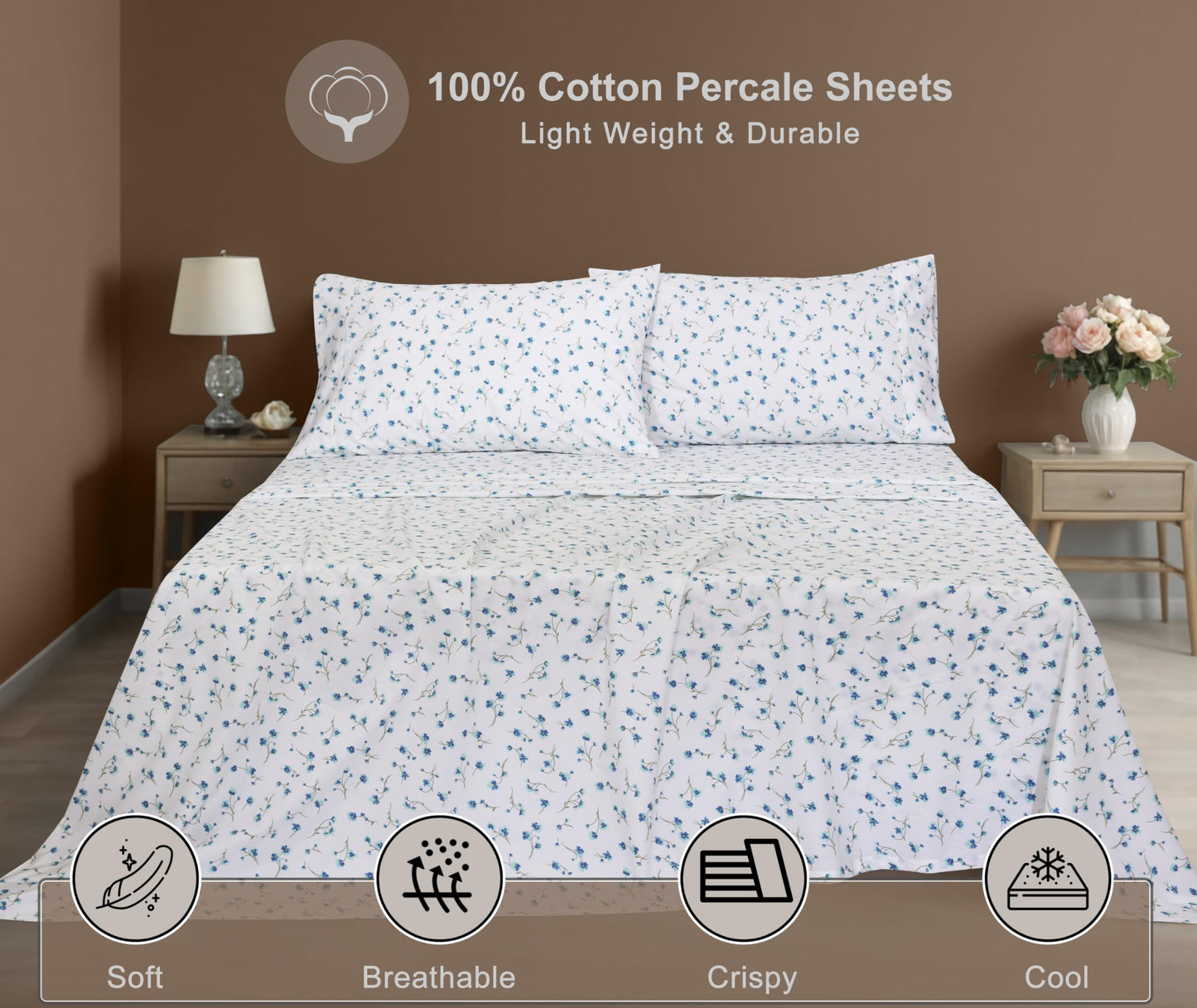 ZOYER 100% Cotton Percale Sheets Queen – Cooling Breathable Bed Sheets for Hot Sleepers, Crisp Hotel Style Bedding, Deep Pocket 16”, Lightweight Soft Durable 4 Pcs Sheet Set, La Laa Flower