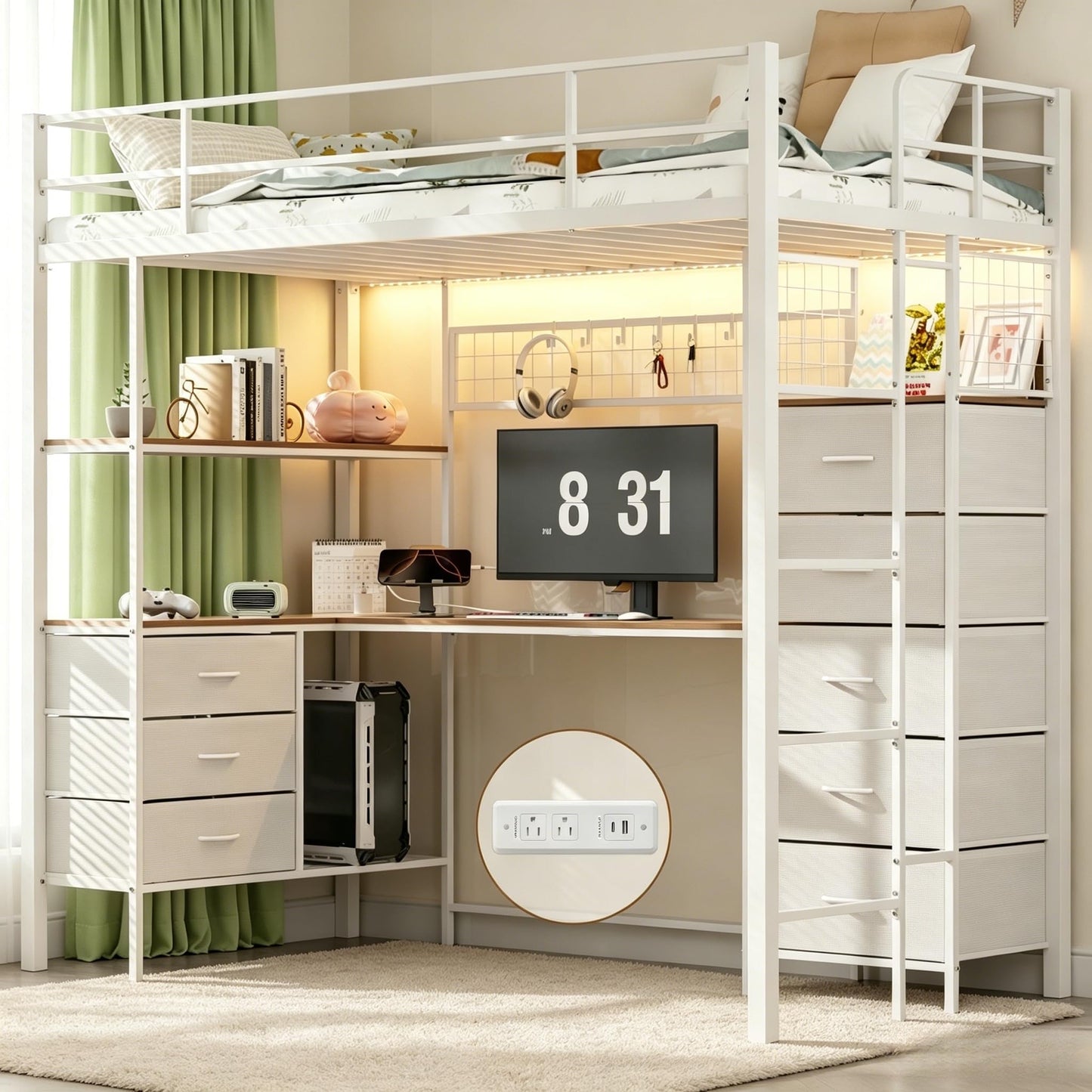 Godchoices Twin Size Loft Bed with L-Shaped Desk and 8 Storage Drawers, Metal Bunk Bed Frame with LED Lights,Power Outlet and 3 Storage Shelves,Twin Loft Bed with Safety Guardrail & Ladder (White)
