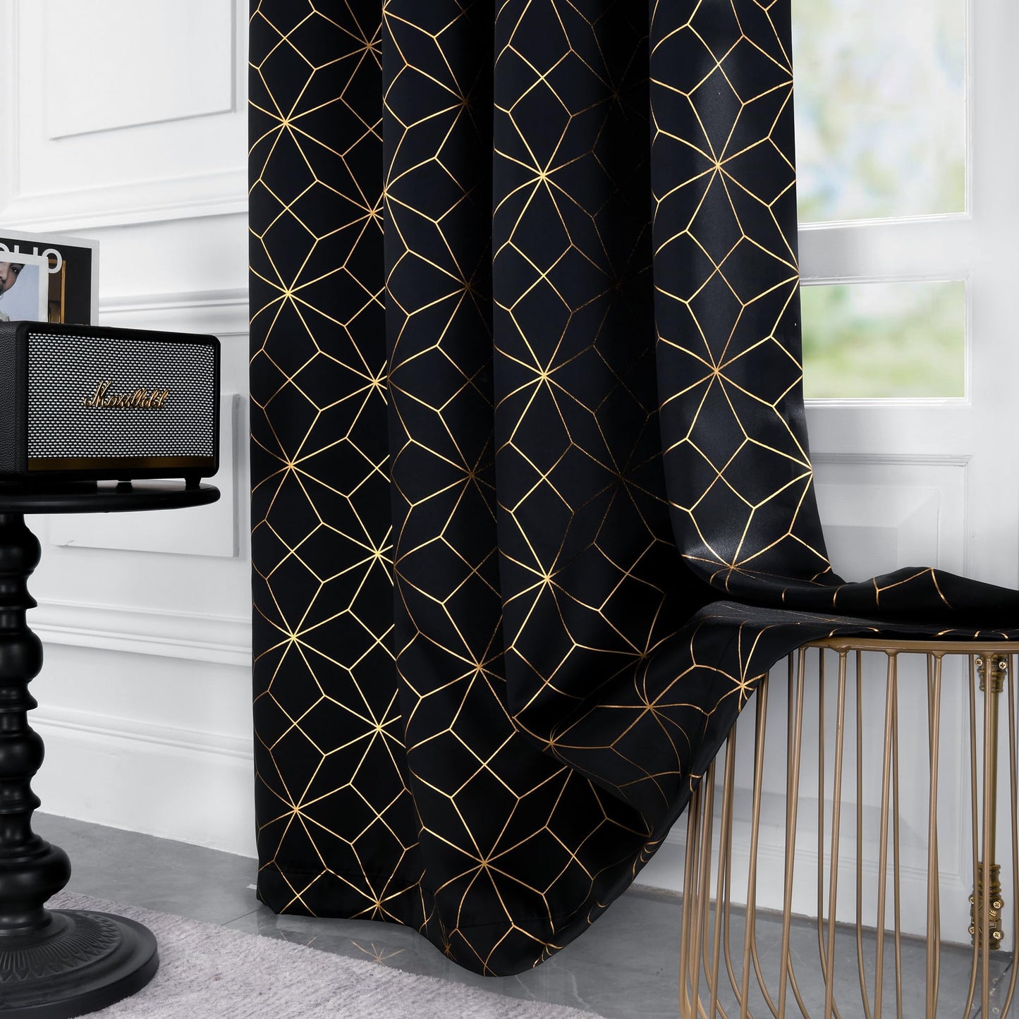 Beauoop 100% Blackout Curtains 84 Inches Long for Bedroom Living Room Moroccan Gold Patterned Drapes Thermal Insulated Grommet Top Window Treatment Panels Set of 2, Black/Gold