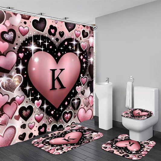 AZHM Romantic K Heart Shower Curtain Set 4 PCS Pink Love Theme Bathroom Decor for Wedding and Valentine's Day Gift with Rugs and 12 Hooks