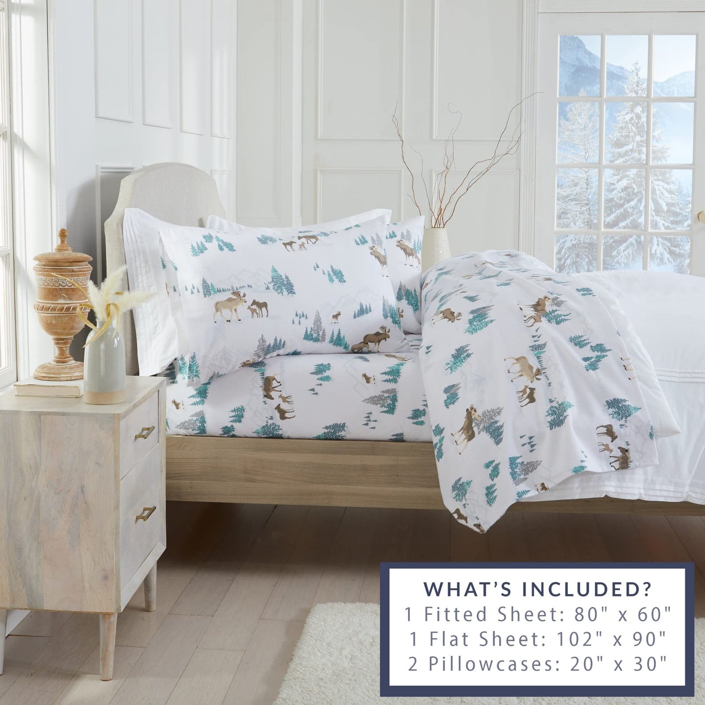 Market & Place 100% Turkish Cotton Flannel Sheet Set | 4 Piece Deep Pocket Novelty Cozy Winter Bed Sheets | Double Brushed for Extra Softness & Comfort | Alpine Collection (Queen, Moose)