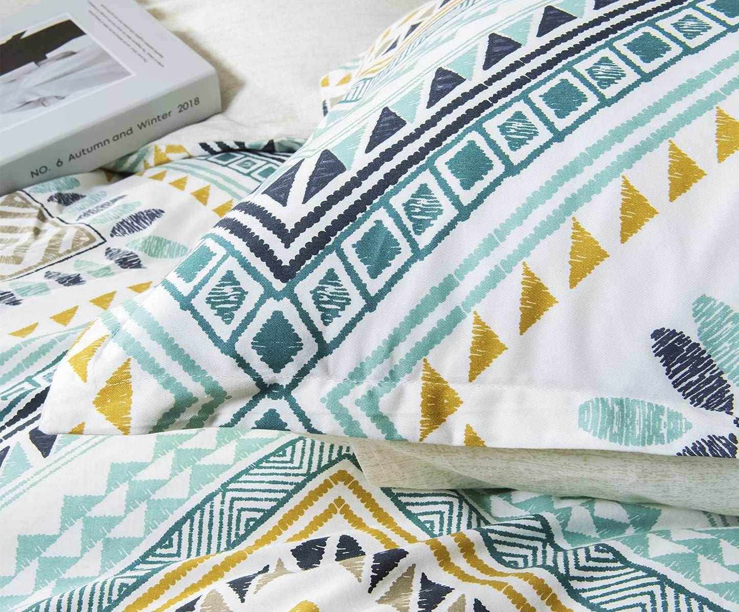 SLEEPBELLA Comforter King Size, 600 Thread Count Cotton Yellow & Dark Blue Bohemian Pattern Printed on White Reversible Comforter Sets,Down Alternative Bedding Set 3Pcs (King, Teal Geometric)