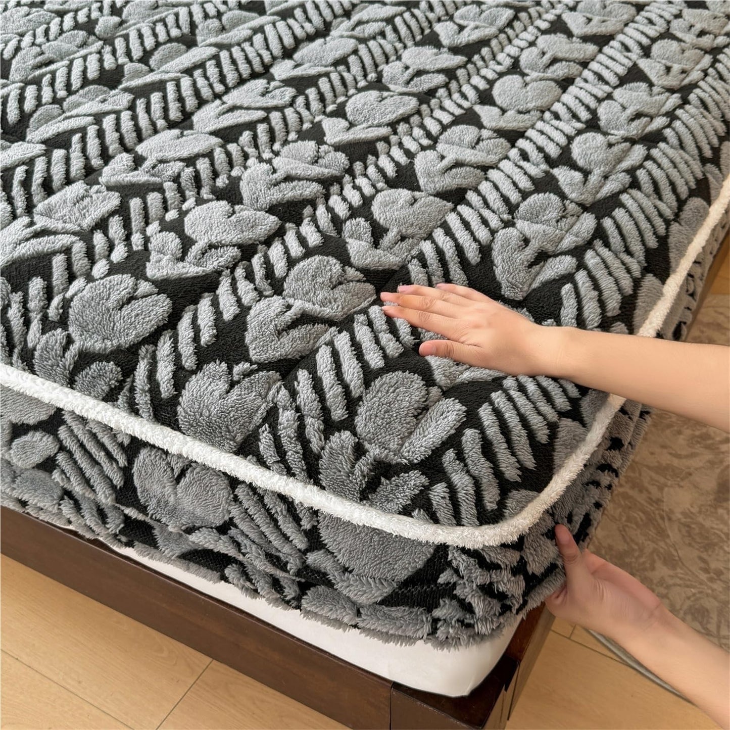 Elastic Bed Sheets, Plush Fluffy Velvet Fitted Sheet, Super Warm Winter Bottom Sheet with 11" Deep Pockets, Machine Washable and Non-Fade(I,2*Pillow Cover)