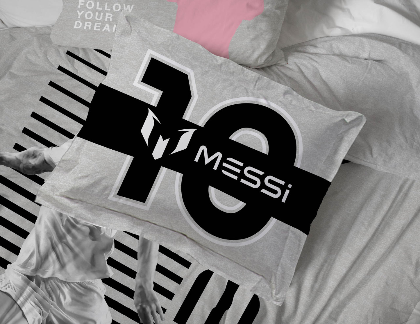 Jay Franco Kids Comforter Set Includes Sheets and Pillow Cover - Soft and Cozy Bed Set for Stylish Room Décor, Grey - Messi, 7 Piece Queen