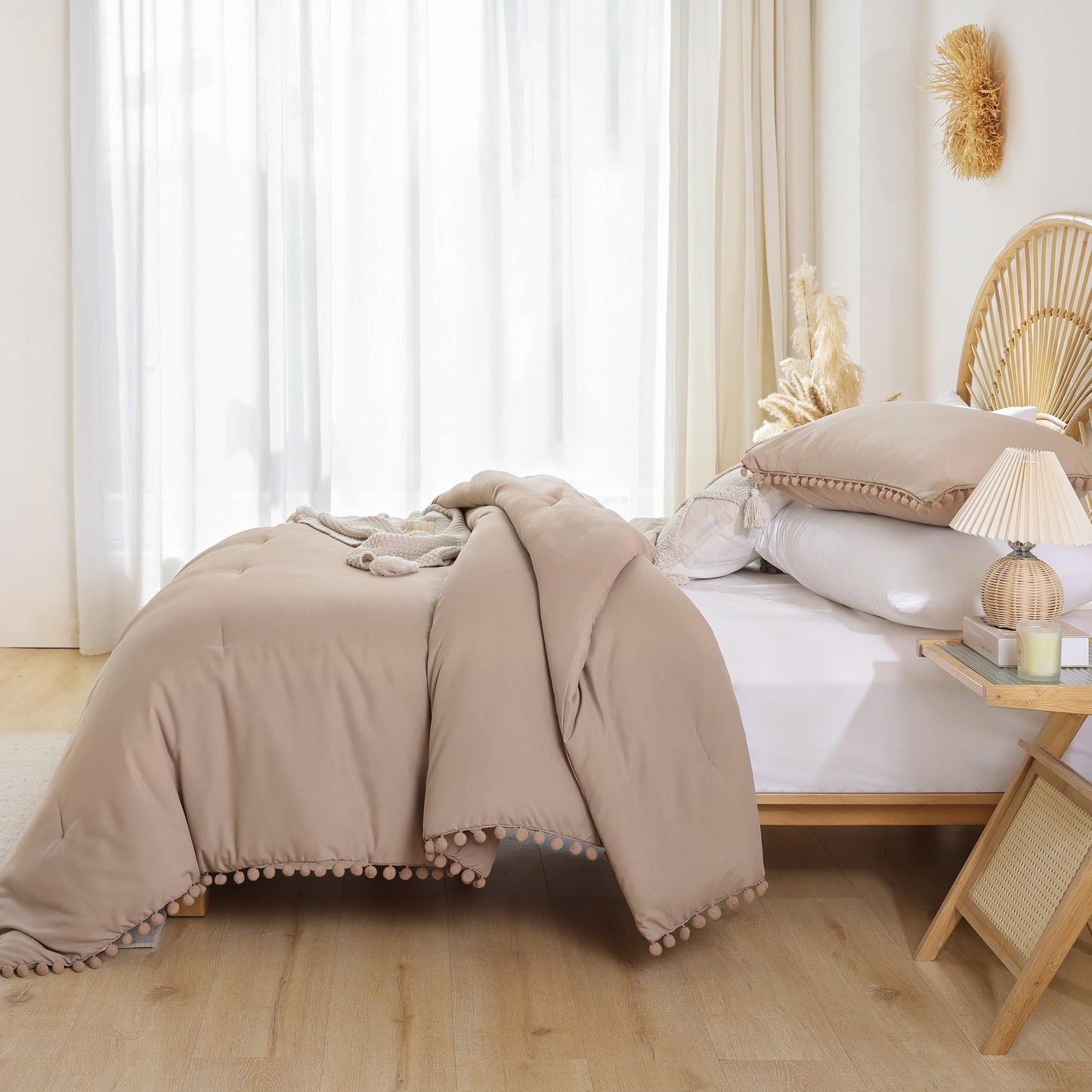 YIRDDEO Queen Comforter Set - Comforter Queen Size Sets with Ball Pom Fringe, Soft Bedding Set for All Seasons - 3 Pieces, 1 Comforter (90"x90") & 2 Pillow Shams (20"x26"), Taupe