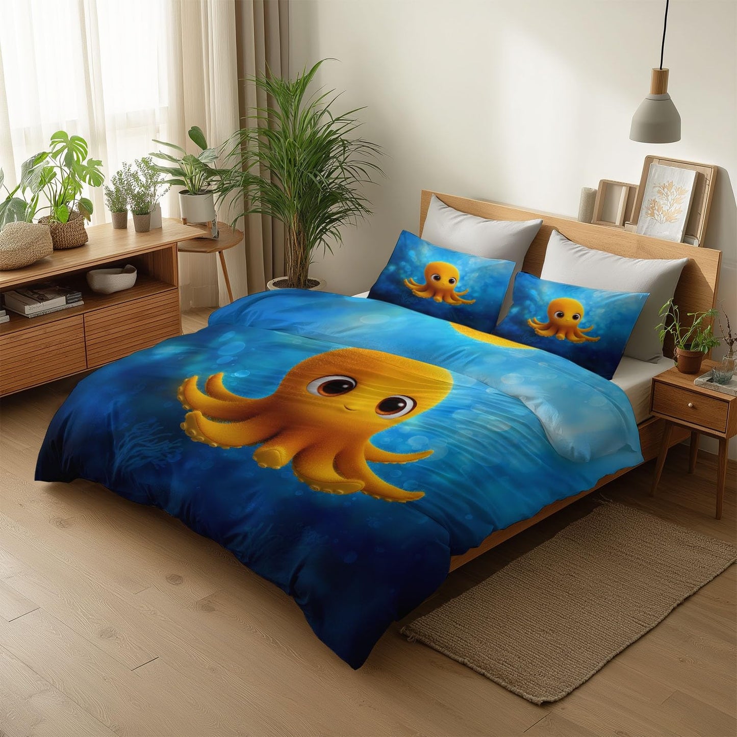 Super Soft Cartoon Style Duvet Cover Set Twin Size, Minimalist Underwater Yellow Octopus Bedding for Kids Boys Girls Teens - Breathable and Anti-Allergic Soft Comforter Cover 2 Pillow Shams