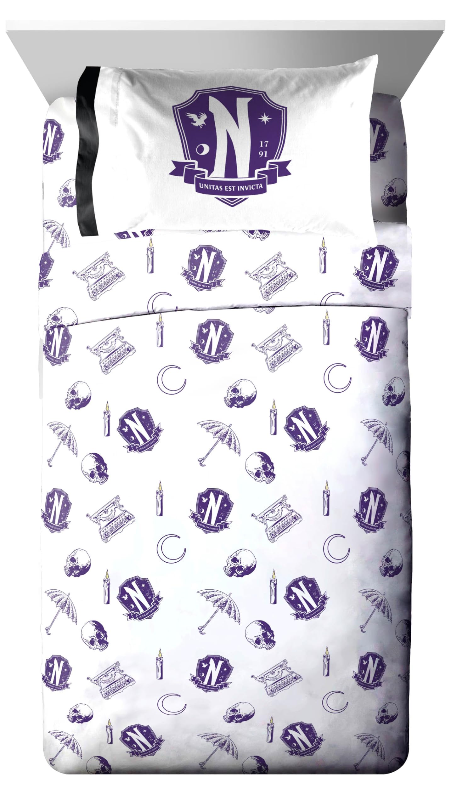Jay Franco Wednesday Addams Twin Comforter Set 5 Piece Bedding Includes Sheet Set & Pillow Covers - Black and Grey Stripes Super Soft Kids Bedding