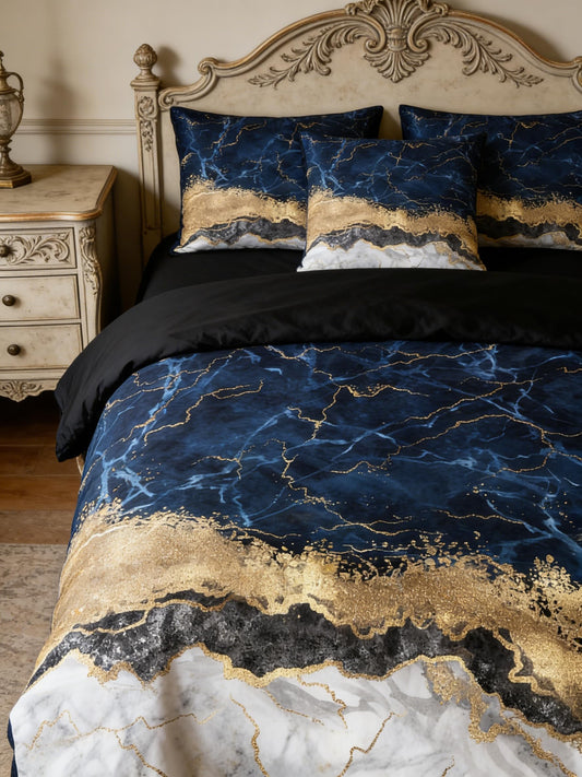CCoutueChen Navy Blue Queen Size Comforter Set, Marble Bedding Set with Gold Metallic Texture, 3Pcs American Vintage Decor Lighweight Microfiber Comforter, 90"x90"
