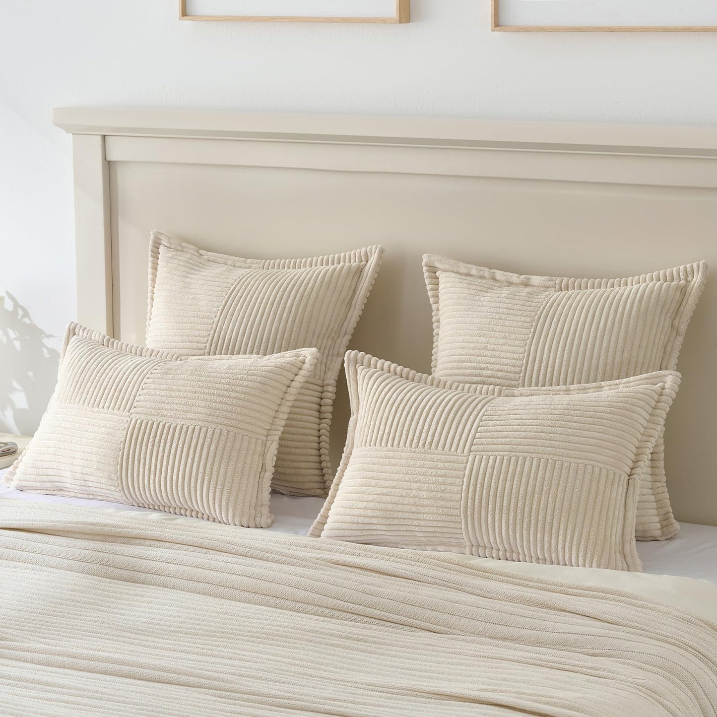 HAUSSY 2 Pack Pillow Covers 18x18 Inch, Corduroy Decorative Throw Pillows Soft Boho Striped Solid Couch Cushion Covers Home Decor Modern Pillow Cases for Living Room Sofa Bed, Beige (Covers Only)