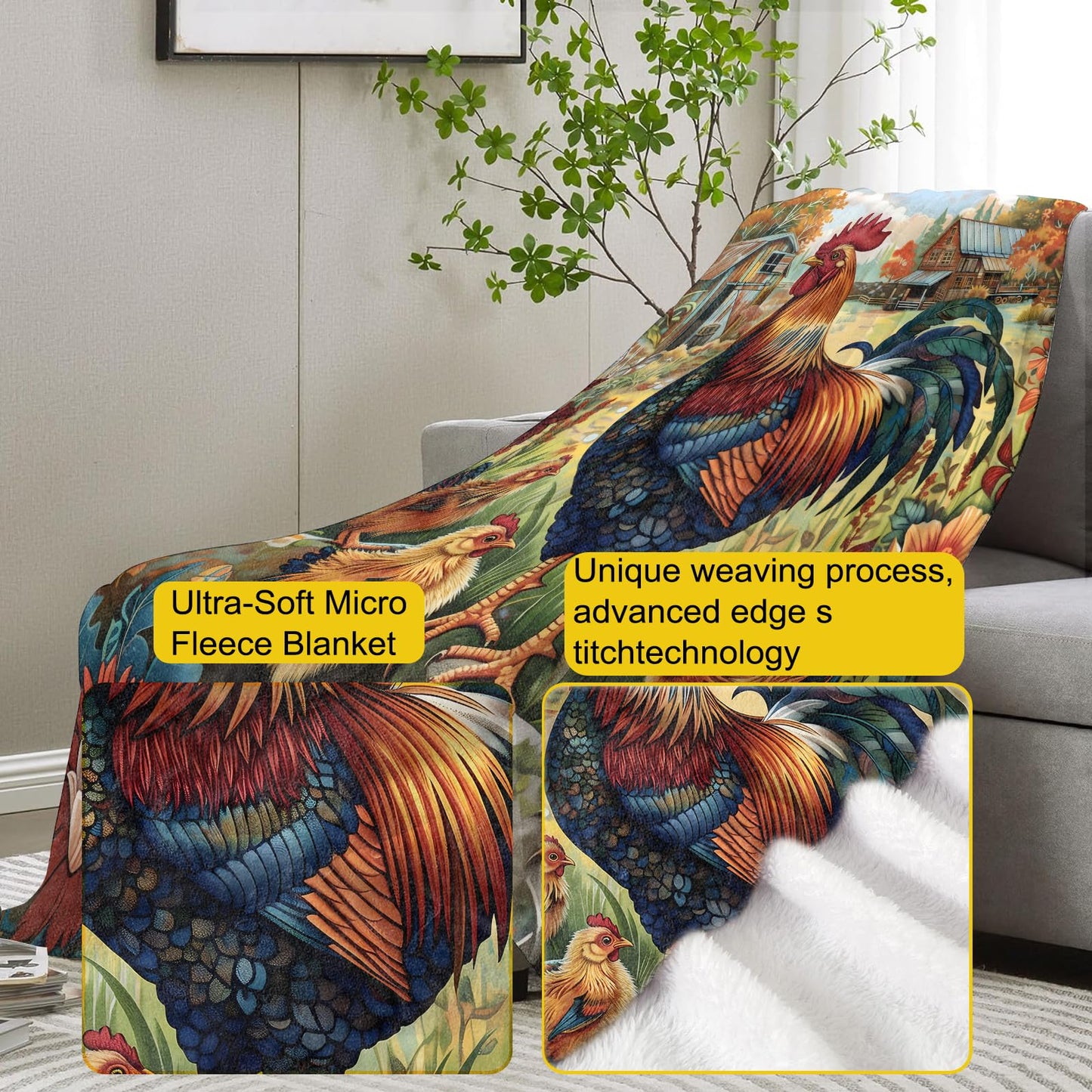 VANZEV Rooster Throw Blanket Gifts for Women, Farmhouse Rustic Country Blankets for Living Room Home Decor, Cozy Flannel Rooster Plush Throws 50"x60"
