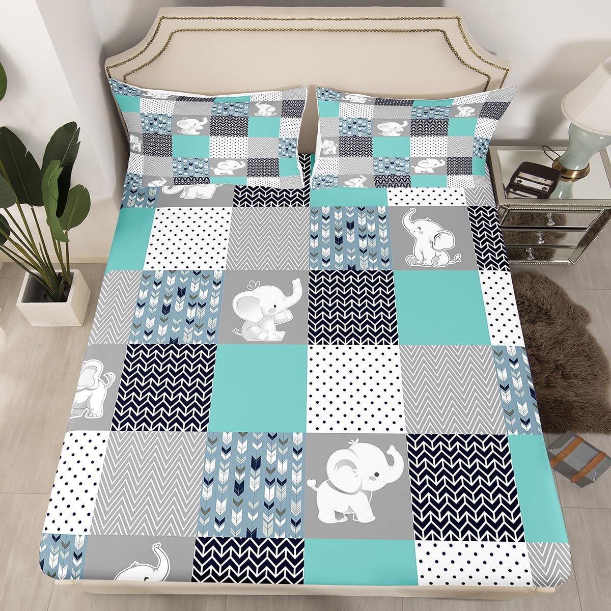 Cute Elephant Fitted Sheet,Full Size Wild Animals Pattern Collections Geometric Lattice Theme,Soft Decorative Fabric Bedding Deep Pocket for Children Teens Young Boys Girls,with 2 Pillowcases