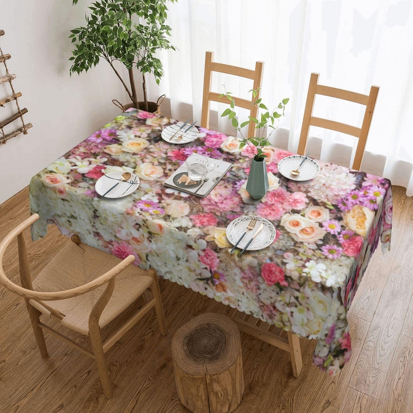 GOUROISE Blossom Beautiful Pink Flowers Rectangular Tablecloth, Rose 54x72 Inch Wavy Lace Border Polyester Table Cloth for Dining, Kitchen, Parties