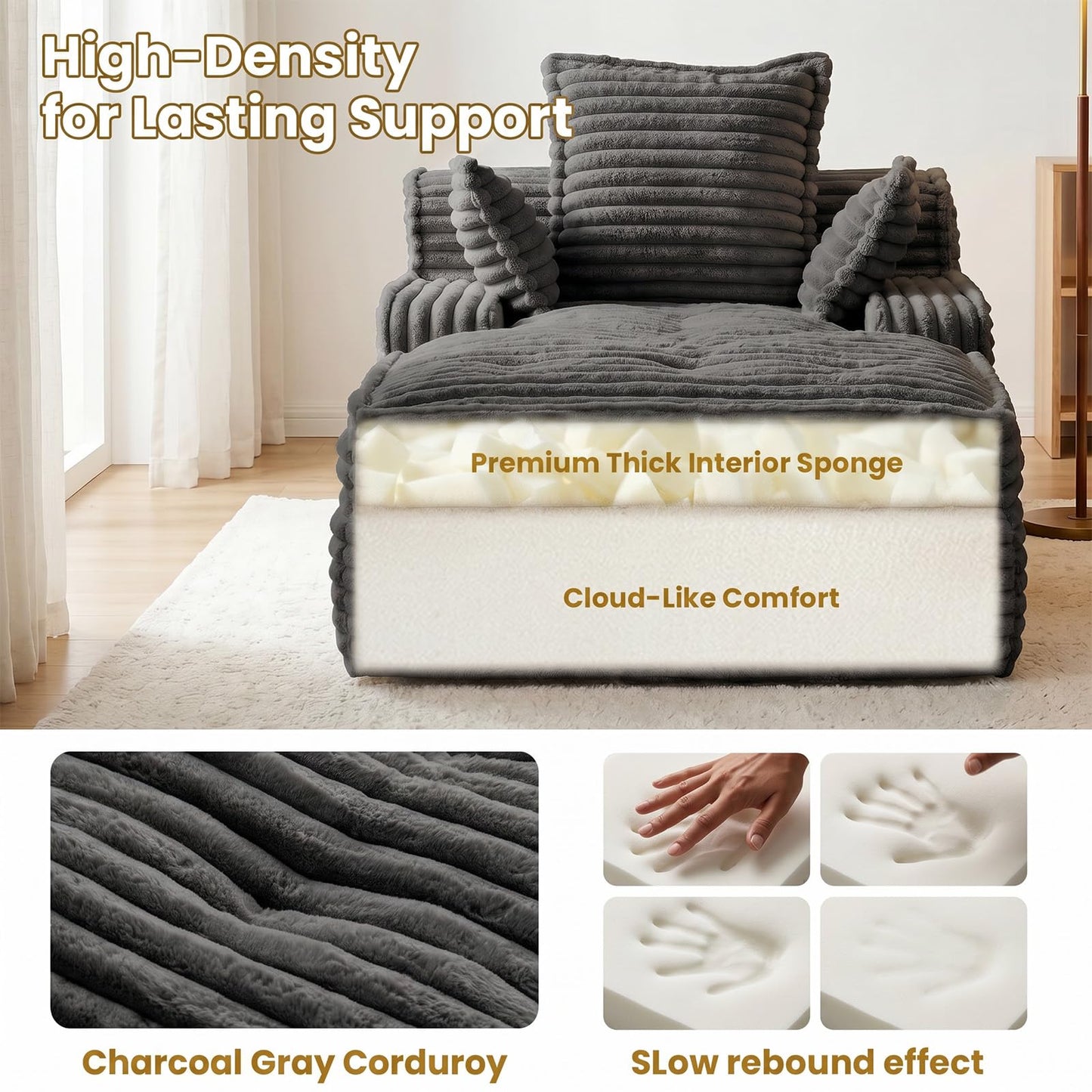 Ziydily 57 Inch Chaise Lounge Chair Indoor, Corduroy Upholstered Boneless Sofa Bed, Deep Seat Sleeper Couch Reading Chairs, Small Comfy Cloud Sofas Couches for Living Room, Bedroom, Grey