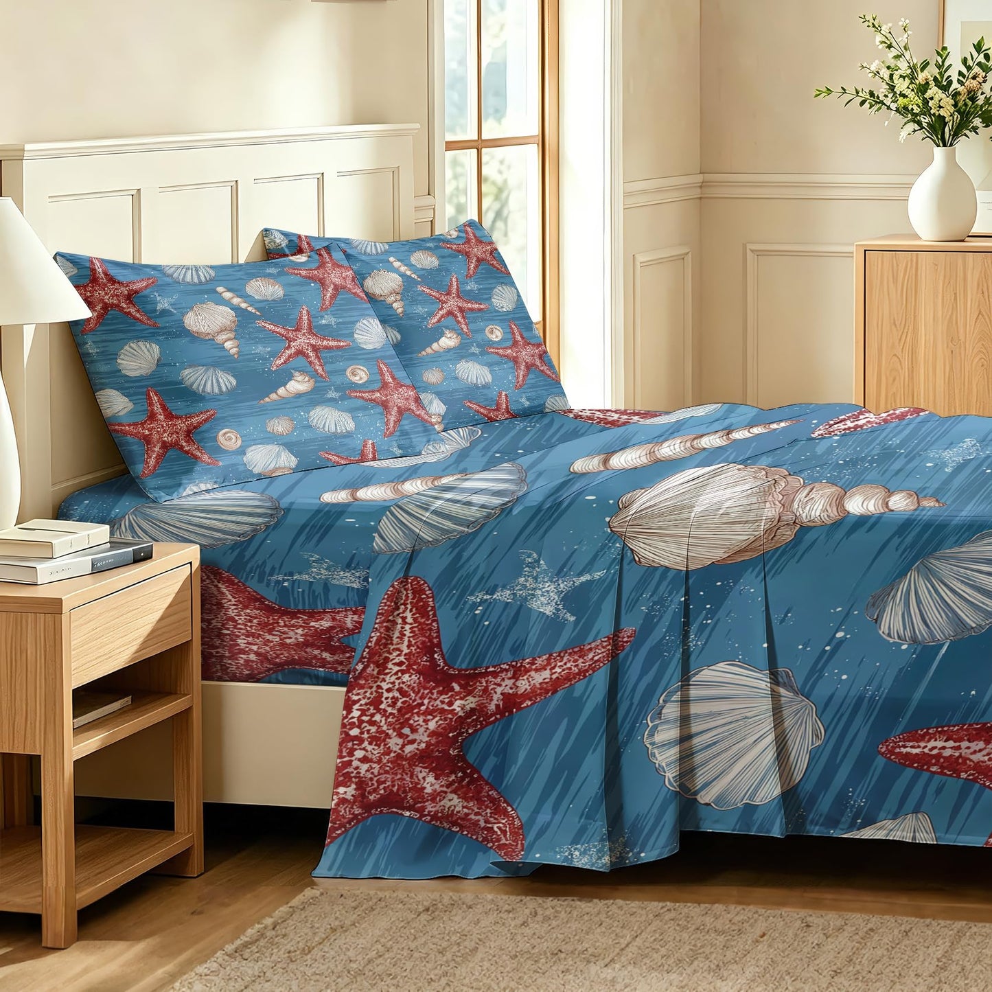 Starfish Queen Sheet Set Seashell Flat Fitted Sheet Sets