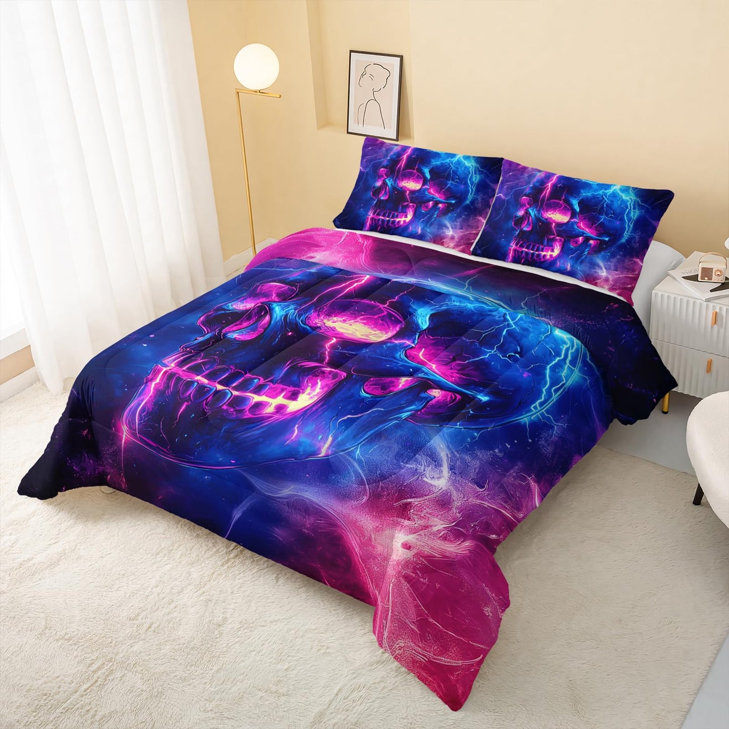 QOOMO 3Pcs Gothic Skull Comforter Set Twin,Skeleton Bedding Set for Teens Boys Girls,Purple Galaxy Printed Comforter with 2 Pillowcases,Down Alternative,Soft and Lightweight