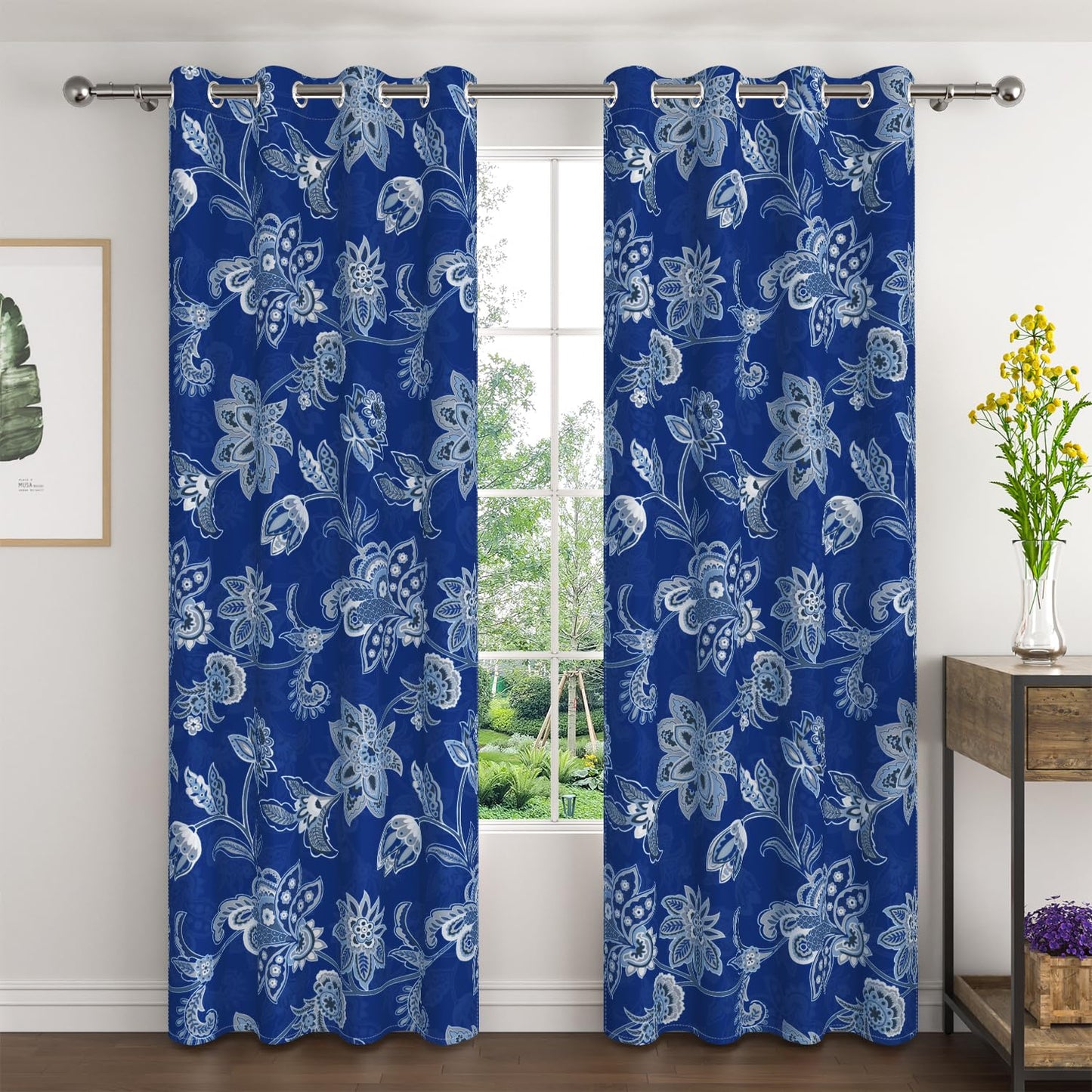 NAEMBCU Navy Blue Floral Blackout Curtains 84 Inch Length, Vintage Flower Window Drapes with Light Blocking & Thermal Insulated Curtains for Bedroom Living Room, 2 Panels Set