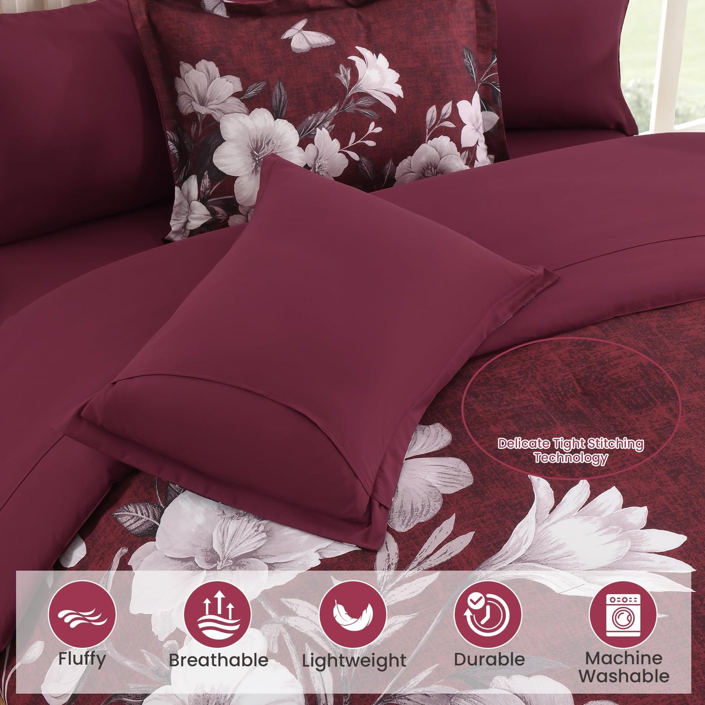 DHSFKBE Floral Comforter Set Queen Size, 7 Pieces Burgundy Bed in a Bag, Elegant Floral Butterfly Comforter and Sheet Set, Soft Microfiber Bedding Set for All Seasons(Burgundy,90"x90")