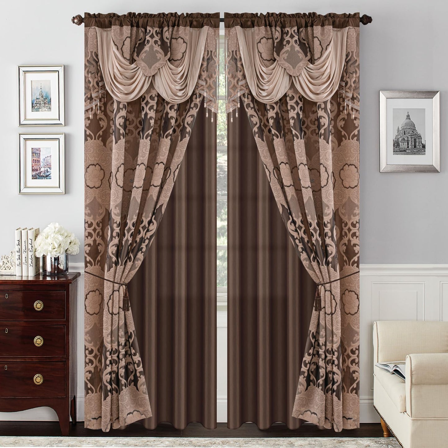 Petrichor Taupe Sheer Jacquard Voile Curtains （54" W x 84" L）, 2 Panels with Attached Valance, Double Layer Floral Cutwork Design with Luxurious Texture,Rod Pocket, for Bedroom & Living Room
