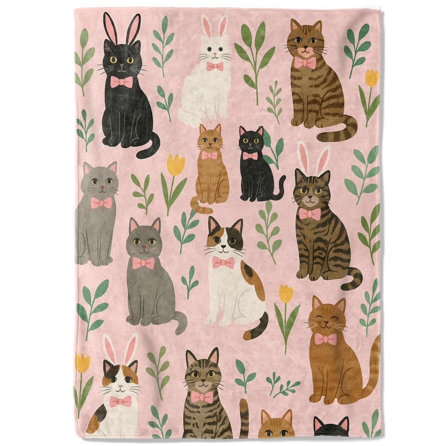 coedoaes Spring Cat Fleece Blanket,50x60in,Cute Kitten Pattern with Bows and Bunny Ears on Pink Floral Throw Blankets,Soft Cozy Lightweight, Ideal for Bed Living Room Home Romantic Decor,Women Gifts
