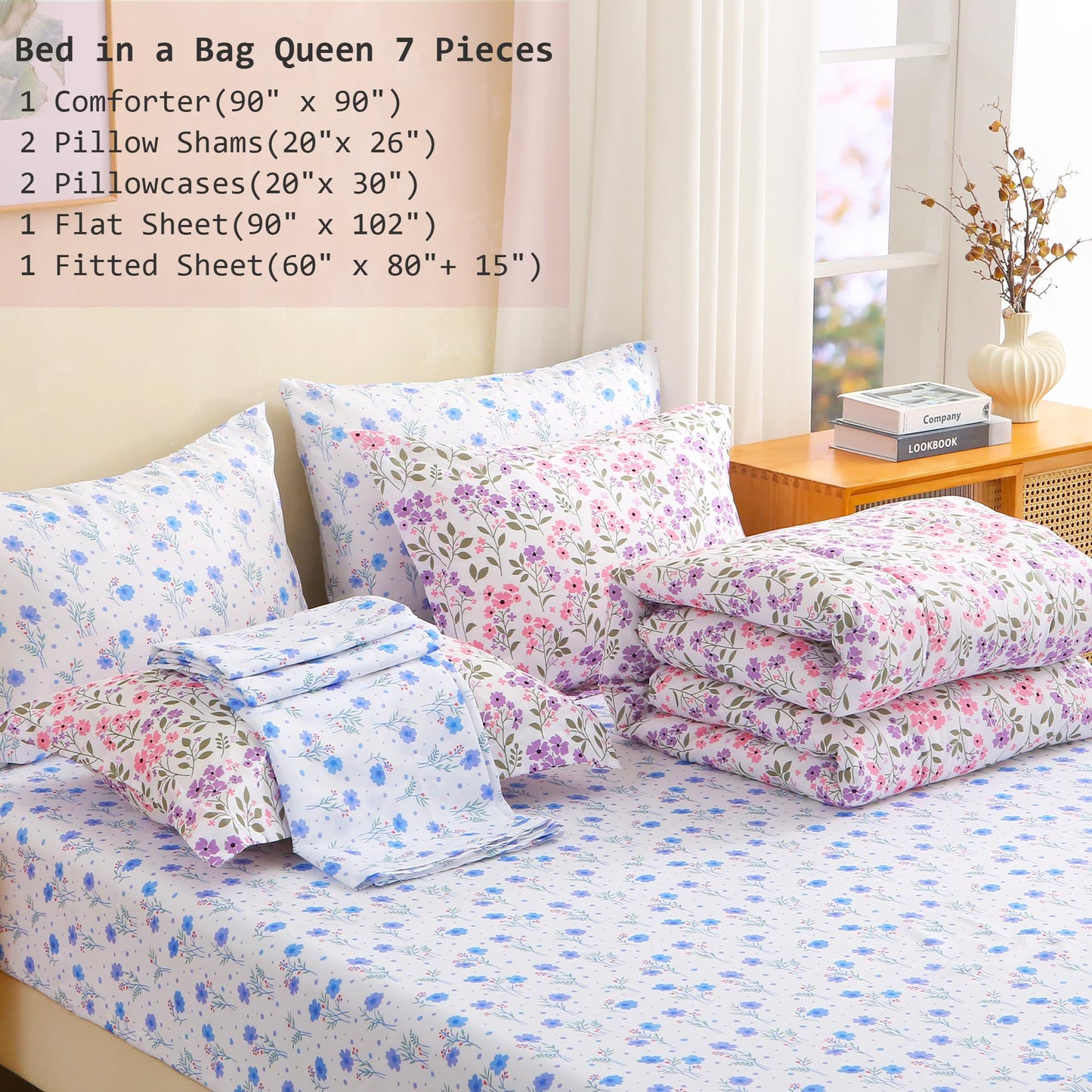 lasoftan Floral Queen Comforter Set with Sheets, 7 piece Luxury Vintage Bedding, Soft Microfiber Bed in a Bag, Cozy Lightweight Bed Set, Purple Flower Green Leaf