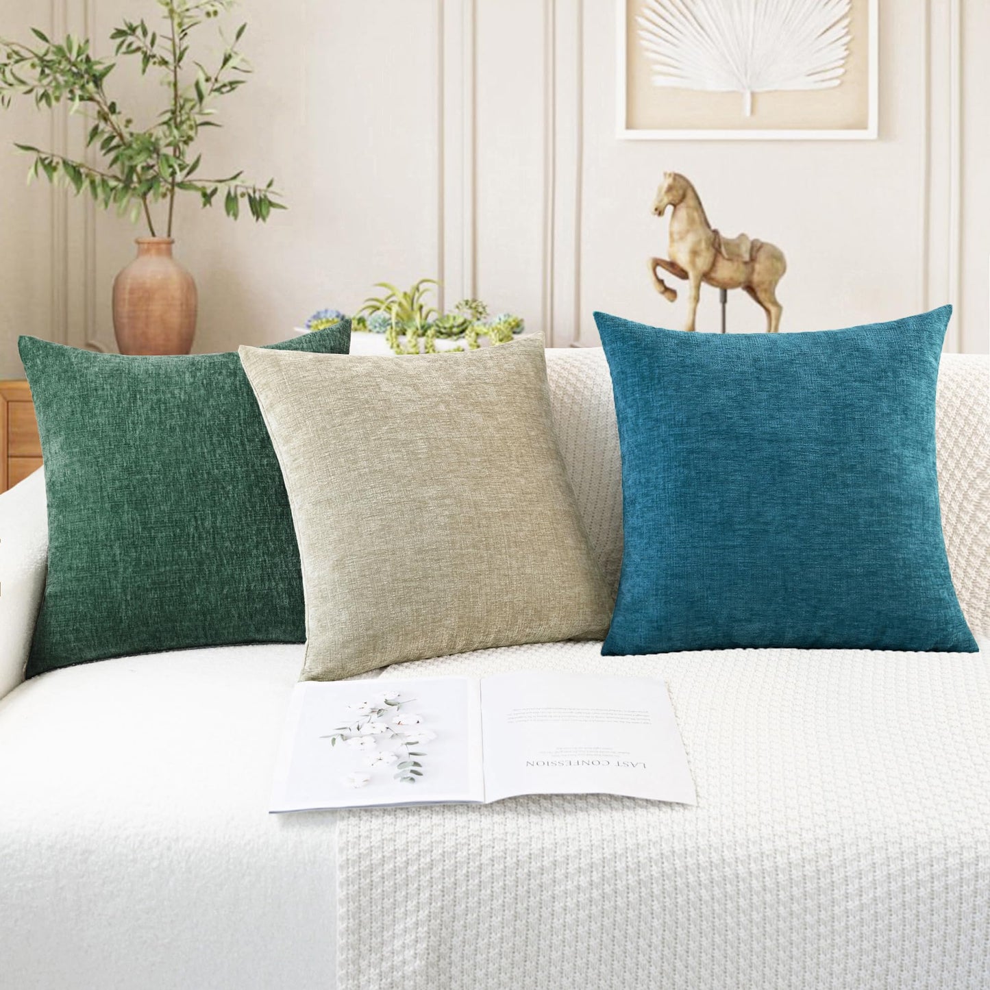 CaliTime Christmas Throw Pillow Covers Decorative 22 X 22 Inches Pack of 2 Cozy Chenille Cushion Cases for Couch Sofa Bed Living Room Home Dark Green