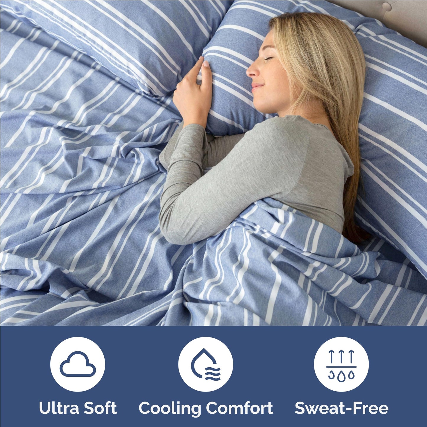 Full Size 4 Piece Sheet Set - Comfy Breathable & Cooling Sheets - Hotel Luxury Bed Sheets for Women & Men - Deep Pockets, Easy-Fit, Soft and Wrinkle Free Sheets - Blue Stripes Oeko-Tex Bed Sheet Set