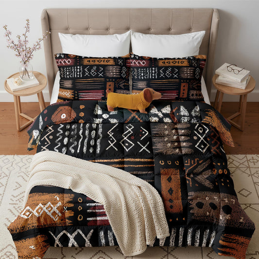 Mud Cloth Comforter Queen Size - 3 Pcs Bed Set, All Season Comforter & 2 Pillowcases, Abstract Tribal Bedding Set, Soft Lightweight Down Alternative Duvet Insert, Boho Ethnic Bedroom Decor