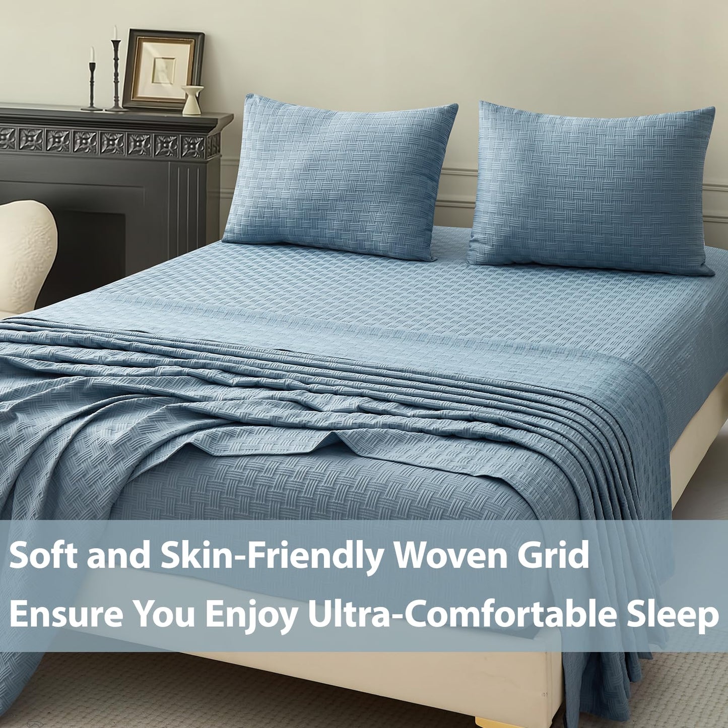 Seavelson Woven Grid Soft King Size Sheet Set - Comfortable & Breathable 4 Piece Bed Sheets with 1 Fitted Sheet,1 Flat Sheet & 2 Pillowcases - Deep Pocket Up to 18 Inches (Blue Grey)