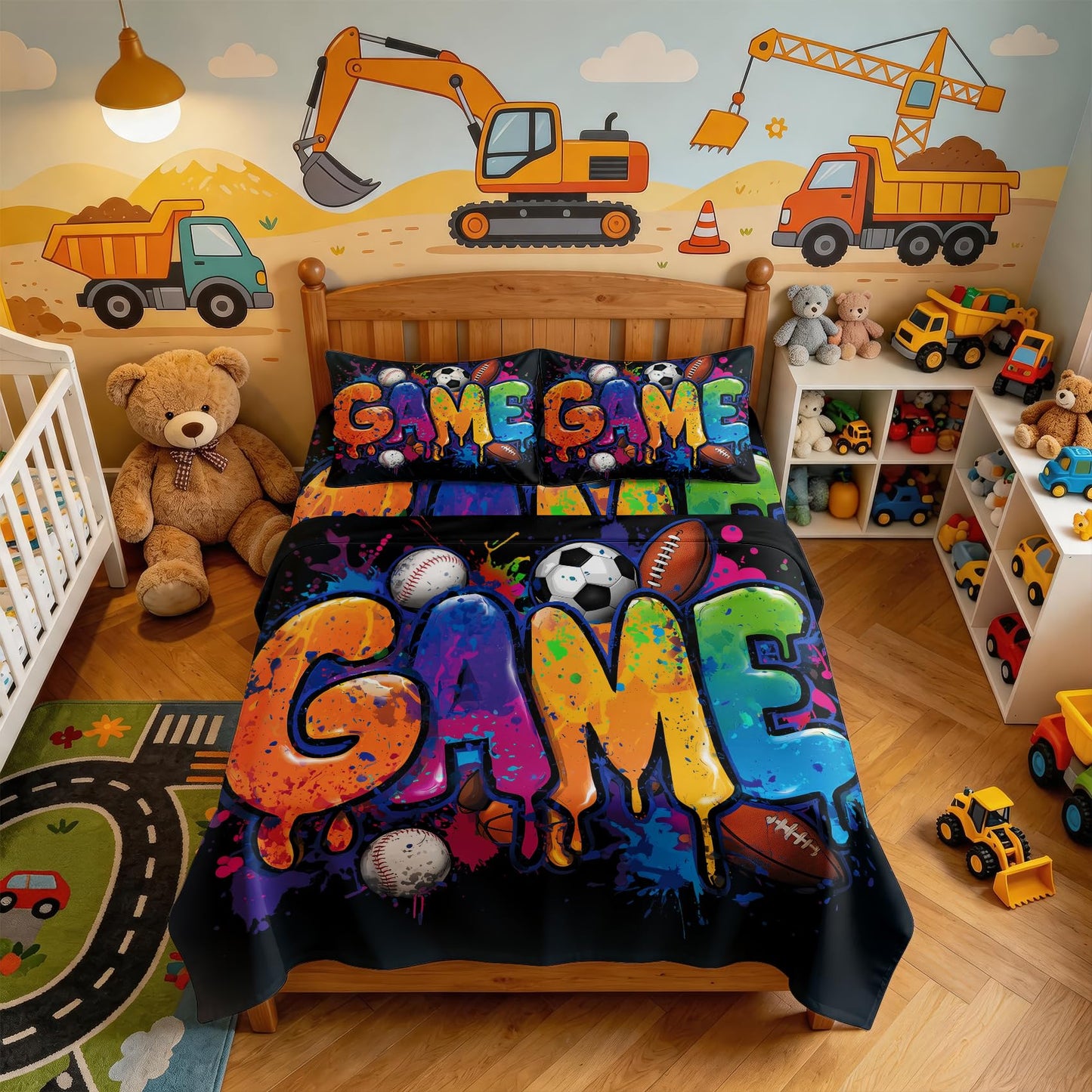 Ball Sports King Sheet Set 4 Pcs Graffiti Game Bed Sheets, Black Blue