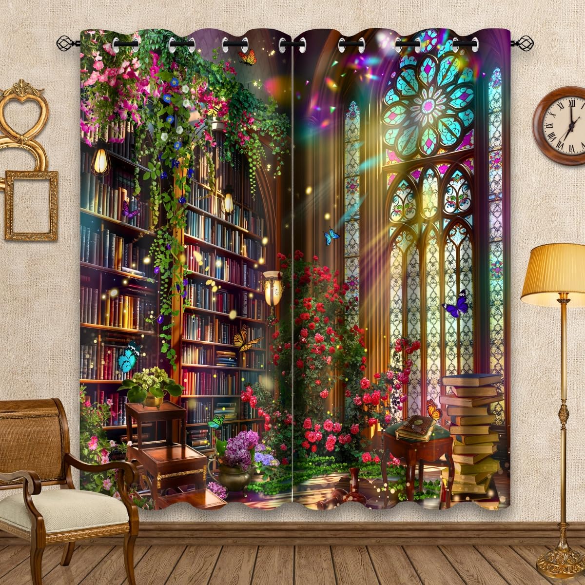 HIYSMT Fantasy Library Blackout Curtains,Stained Glass Medieval Curtain,4284inch Fairy Tale Magic Book Bookshelf Butterfly Print Drapes for Bedroom Living Room 2Panel HI09YL