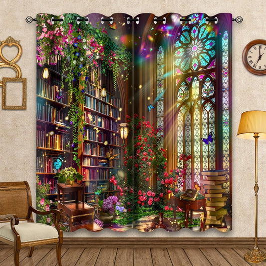 HIYSMT Fantasy Library Blackout Curtains,Stained Glass Medieval Curtain,4284inch Fairy Tale Magic Book Bookshelf Butterfly Print Drapes for Bedroom Living Room 2Panel HI09YL