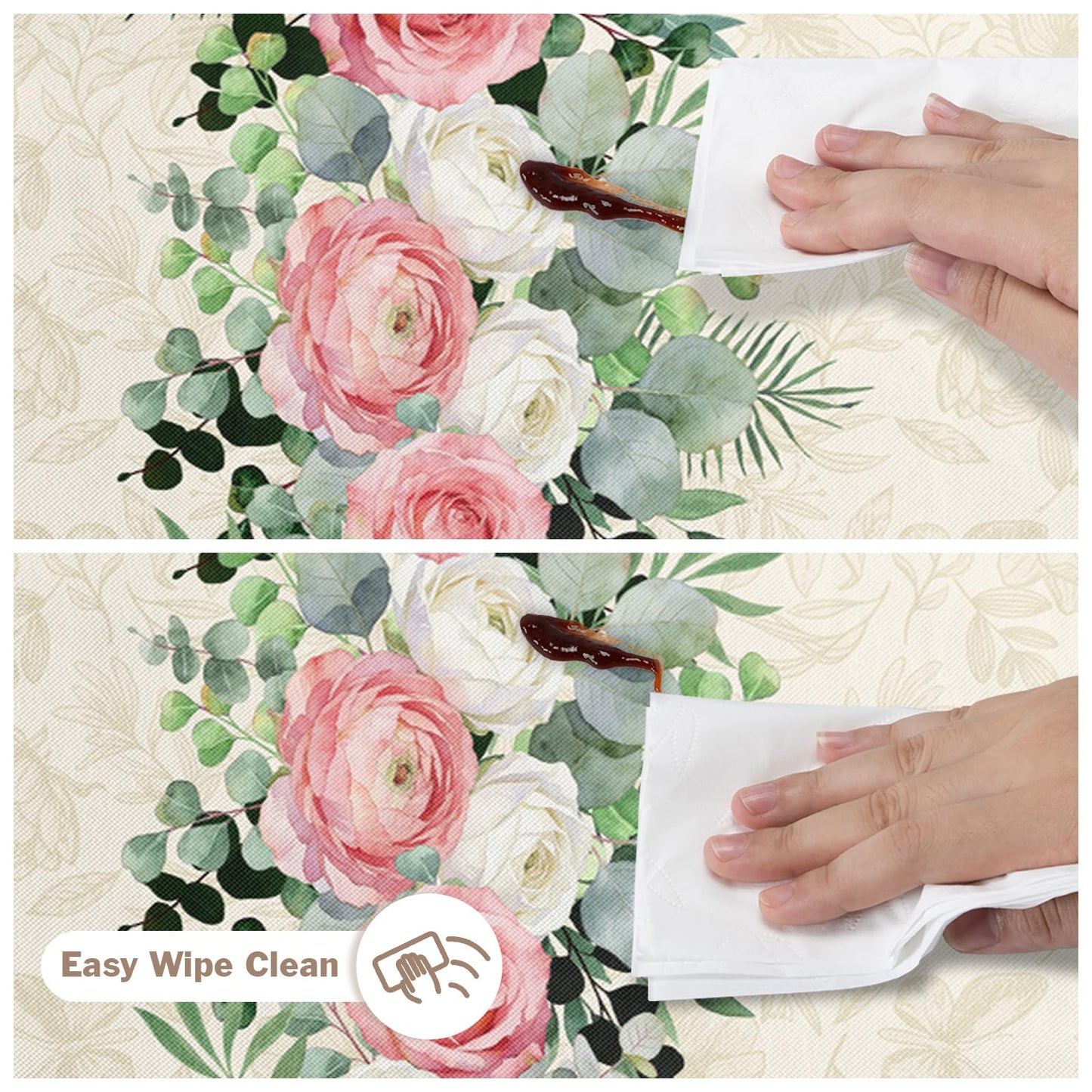Kwlegh Spring Summer Tablecloth 60x84 Inch Rectangular Pink White Rose Flower Table Cover Green Eucalyptus Leaves Reusable Washable Tablecloths for Dining Decor Party Picnic Indoor Outdoor