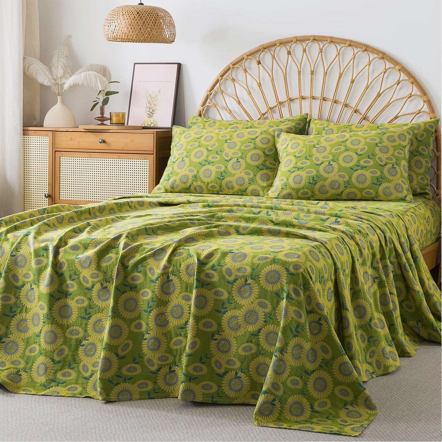 FADFAY Double Gauze 100% Cotton Queen Sheet Set, Soft Floral Sunflower Bedding, Deep Pocket Fitted Sheet, Shabby Vintage Countryside Style Breathable Bed Sheets, 4-Piece