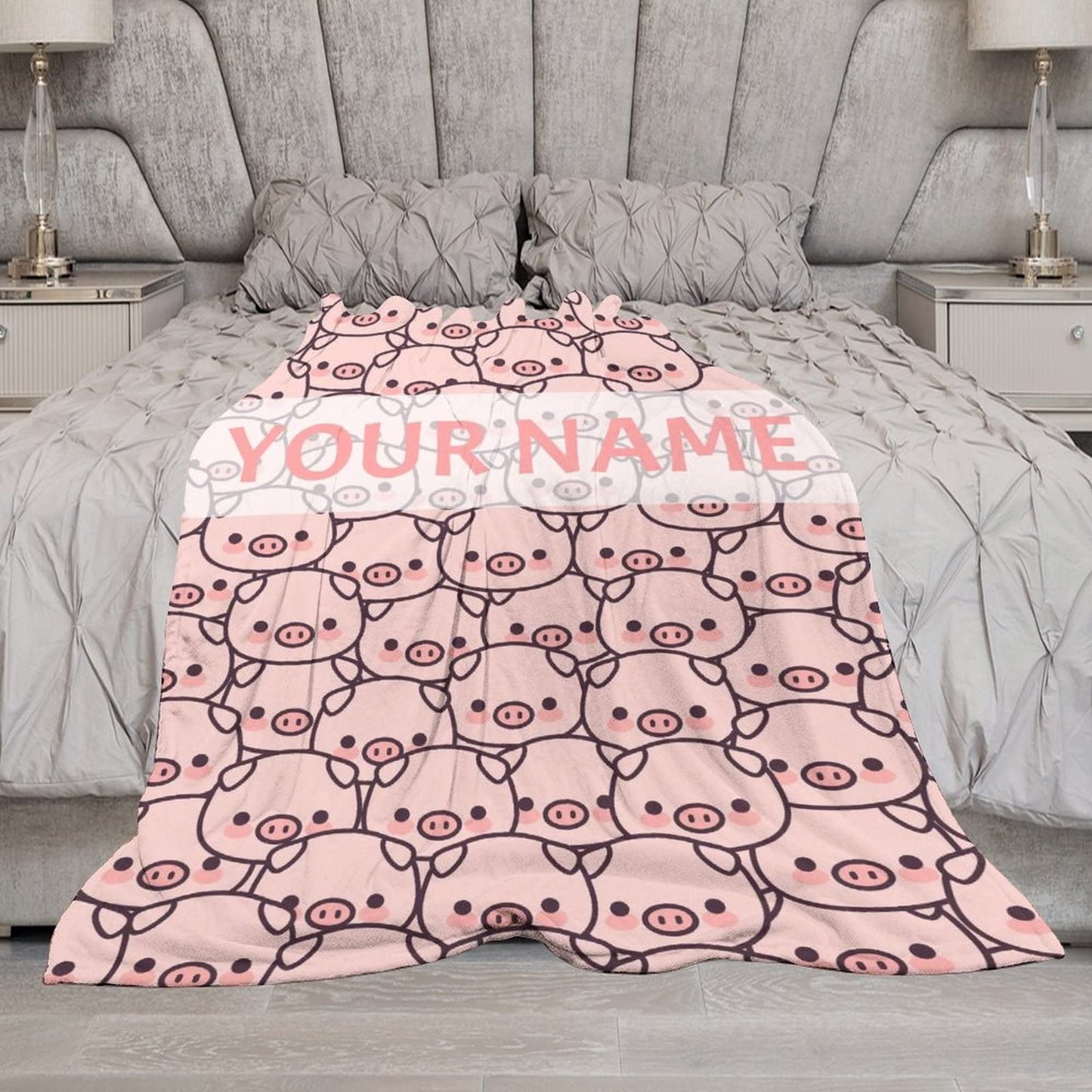 Personalized Pig Blanket Gifts with Text Name, 30"x40" Flannel Fleece Throw Blanket Soft for Girls Boys Adults, Lightweight, Comfortable, Warm Cute Pig Themed Blanket for Bed Couch