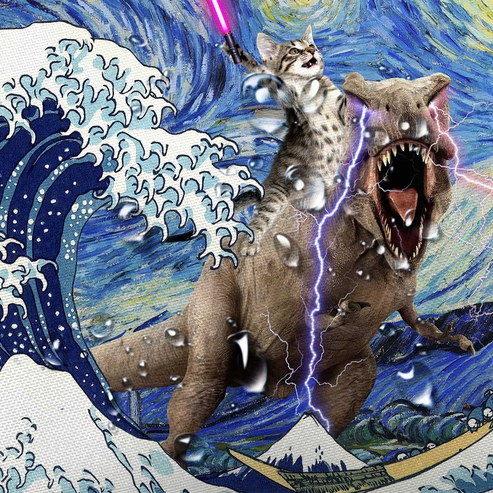 Xguatan Funny Cat Shower Curtain, Cool Dinosaur Cat in Japanese Kanagawa Waves Shower Curtain for Bathroom, Blue Ocean Fabric Hilarious Anime Shower Curtain Set with 12PCS Hooks, 60X70IN