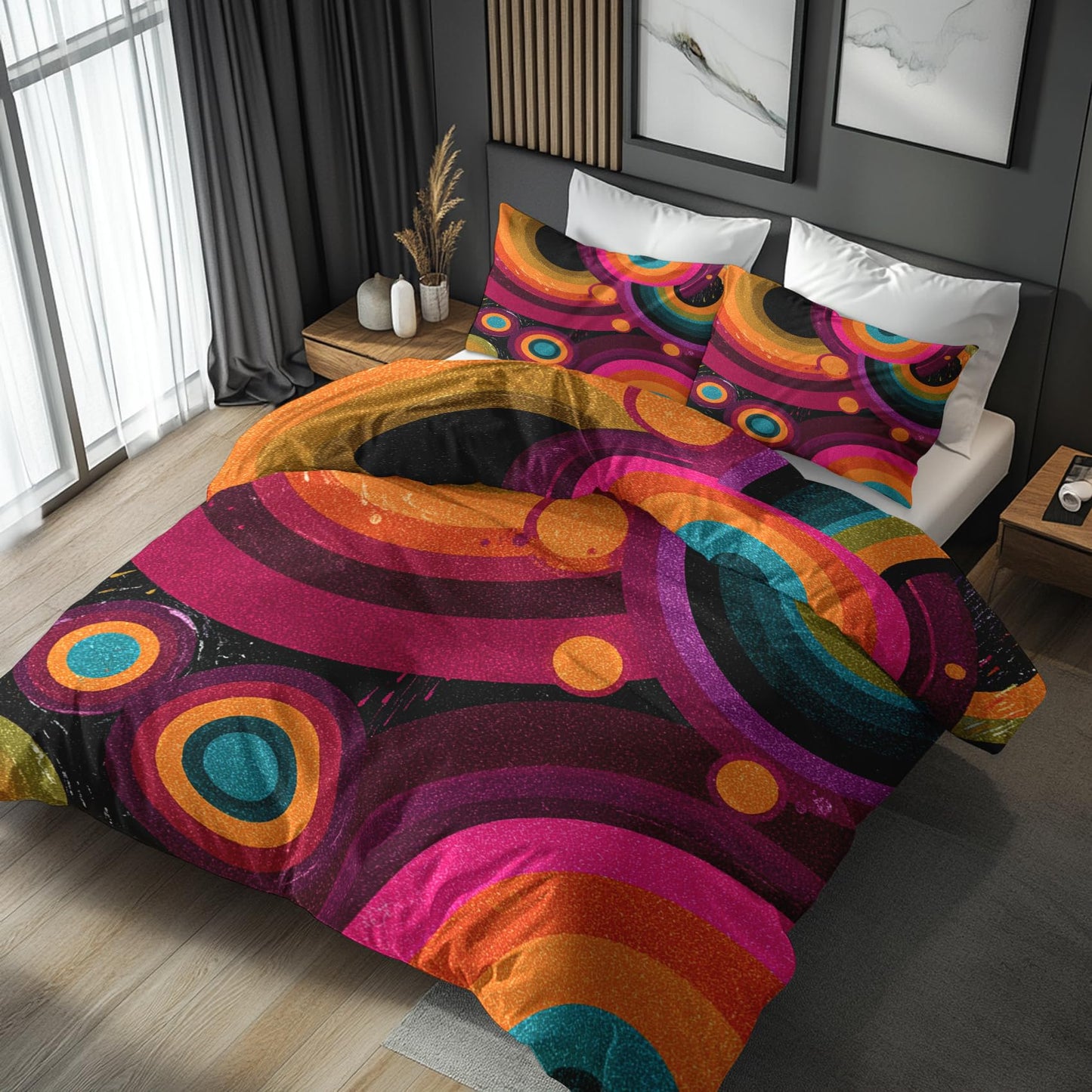 Abstract Geometric Queen Duvet Cover Set 3 Piece, Retro Circle Swirl Reversible Bedding with 2 Pillow Shams, Zipper & Ties, Ultra Soft Microfiber, Abstract Bedroom Decorations 20A-L