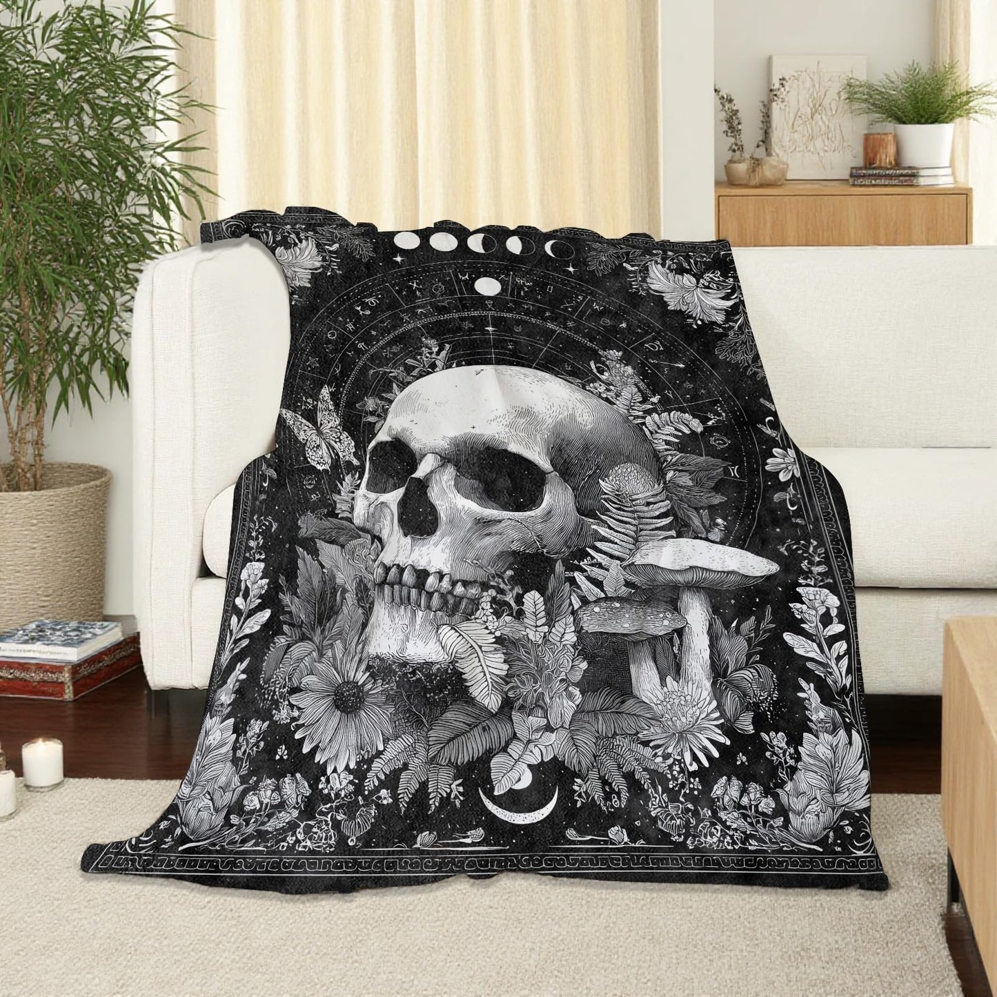 SOMEKLLY Gothic Skull Floral Throw Blanket Soft Cozy Lightweight Flannel Blankets with Goth Skeleton Mushroom and Flower Printed for Astrology Lovers Bedroom Dorm Halloween Decor Gifts 50x60 Inch