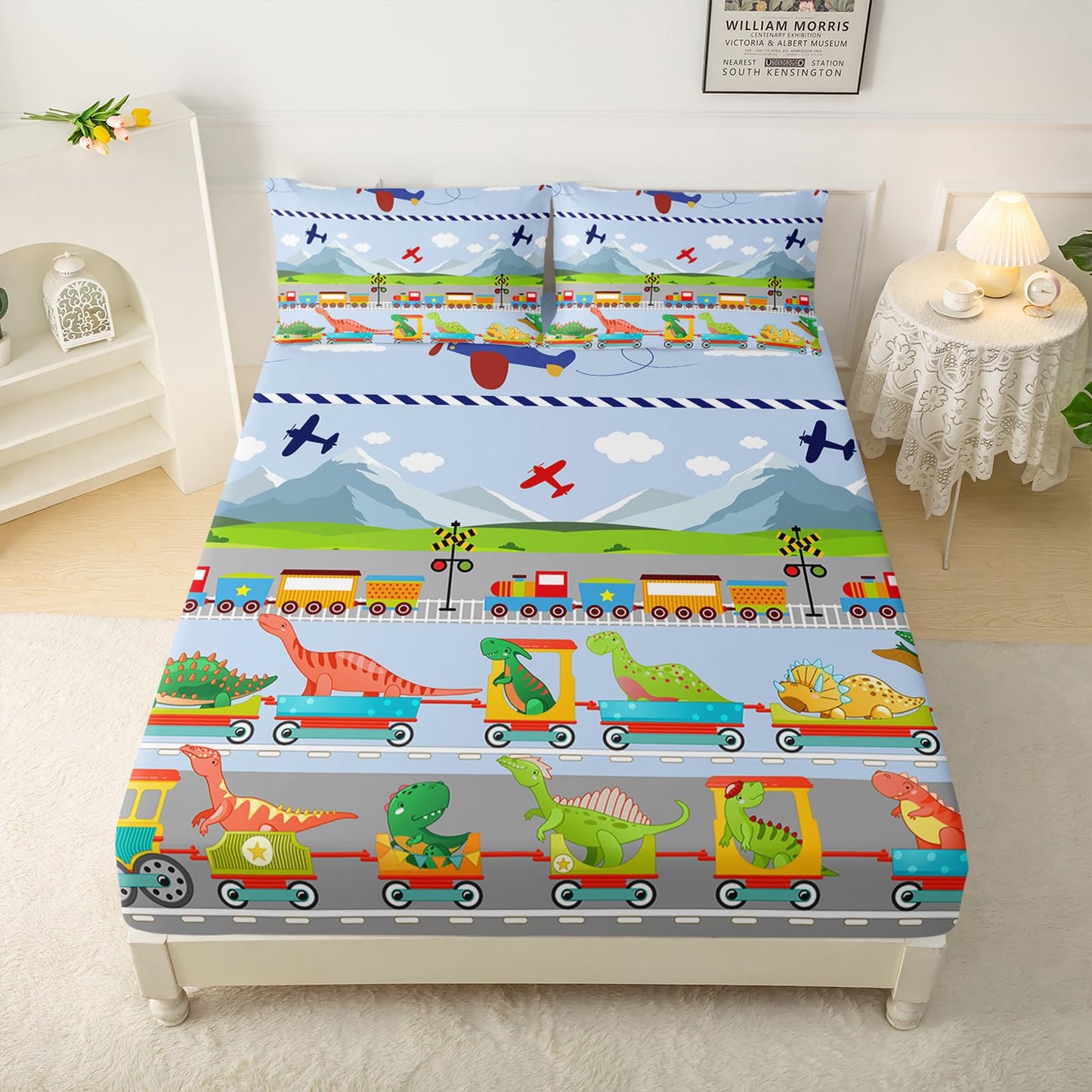 QOOMO Dinosaurs Queen Sheets Set for Boys Cute Bedding Set for Teen Kids Cartoon Dinosaurs Soft Microfiber Train Bed Sheets Kids Airplane Bed（1 Fitted Sheet, 1 Flat Sheet, 2 Pillow Cases）