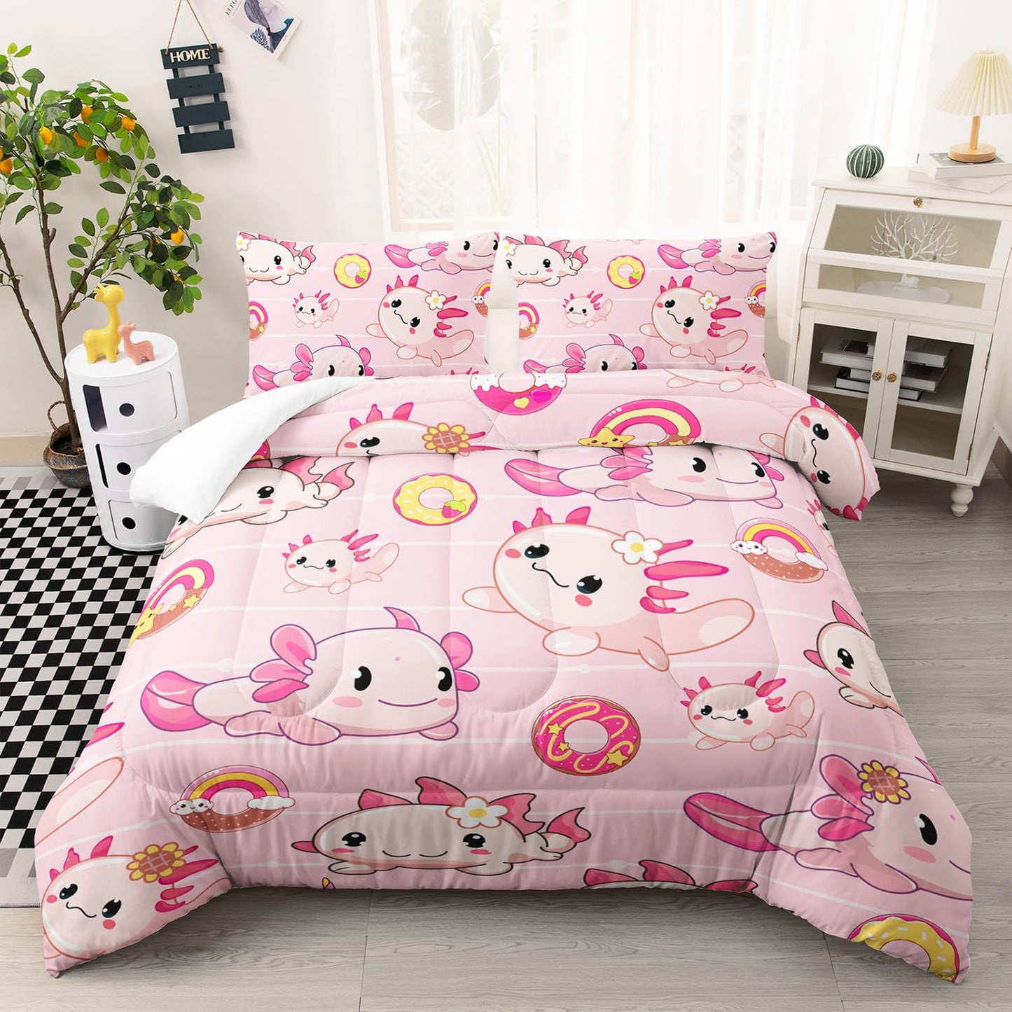AILONEN Kawaii Axolotl Comforter Set Queen Size, Pink Axolotl with Doughnut Theme Bed in a Bag, 1 Quilt 2 Pillowcases, 3 PCS