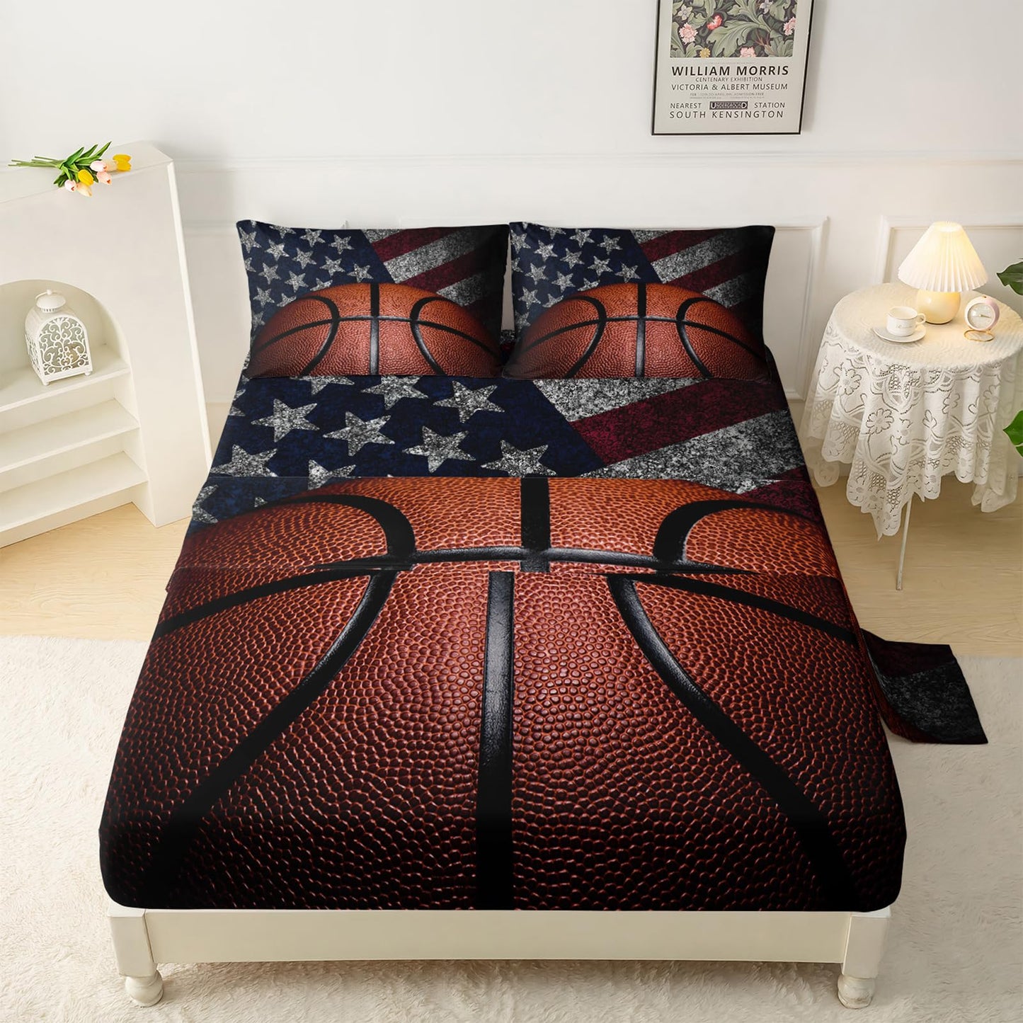 QOOMO Basketball Sheet Set,American Flag Kids Bed Sheets,Sports 16" Deep Pocket Bed Sheet Set for Boys/Girls/Kids/Teens，4 Piece Sheet Set, 1 Fitted Sheet,1 Flat Sheet and 2 Pillowcases，Twin Size