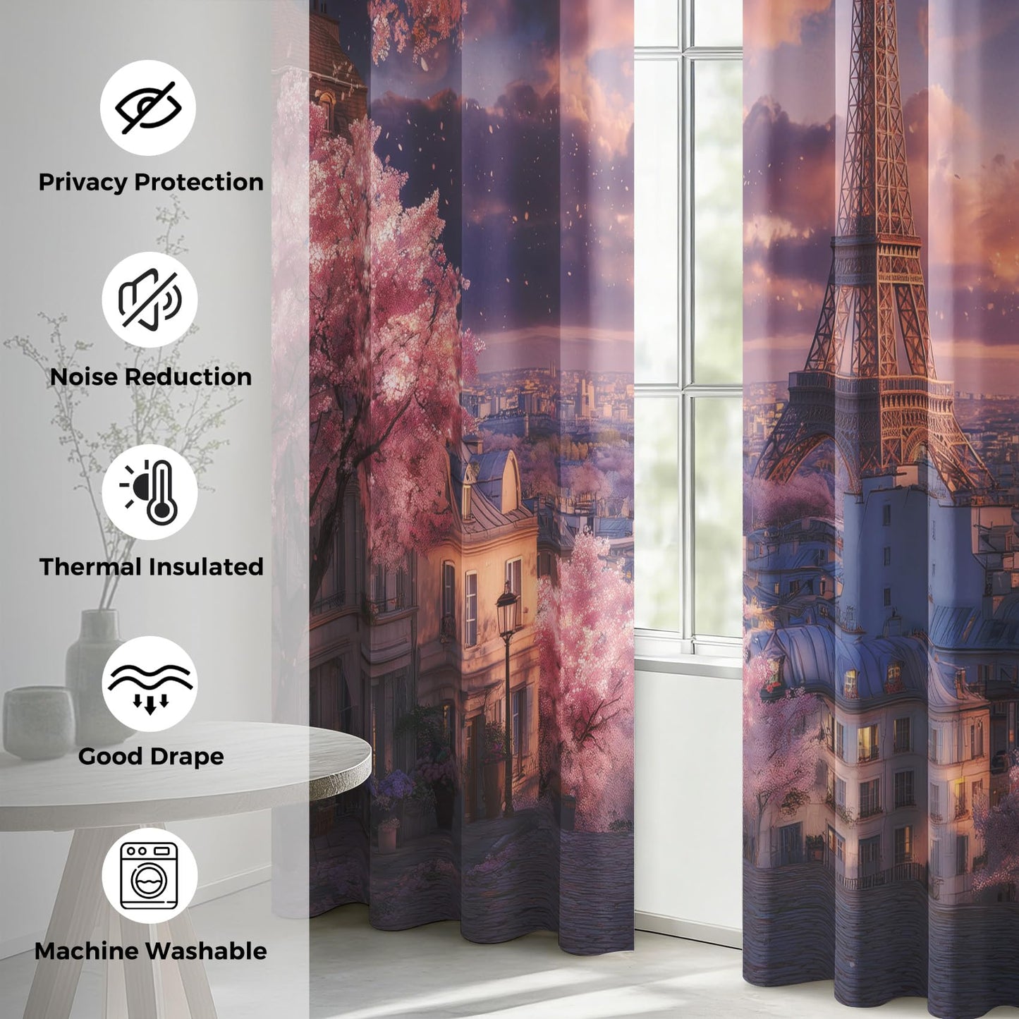 Paris Eiffel Tower Curtains for Bedroom, Sunset Scenery Blackout Curtains Living Room Decor, Paris Thermal Insulated Grommet Drapes & Home Decor, 42 x 84 Inch 2 Panels K-X53