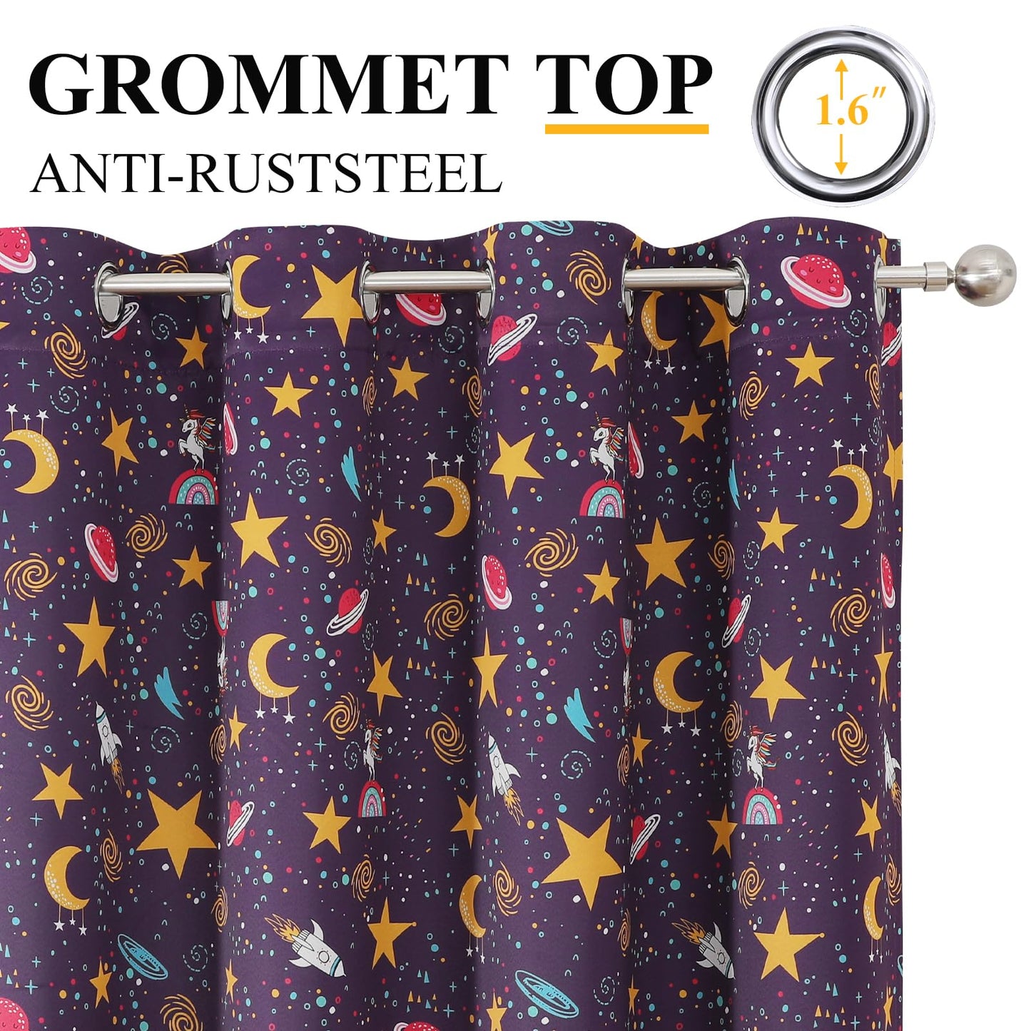 Estelar Textiler Unicorn & Rocket Theme Purple Blackout Curtains 72 Inch Long 2 Panel, Room Darkening Thermal Insulated Drapes for Nursery Bedroom, Star Moon Curtains Decor for Kids Room, 38x72 inch