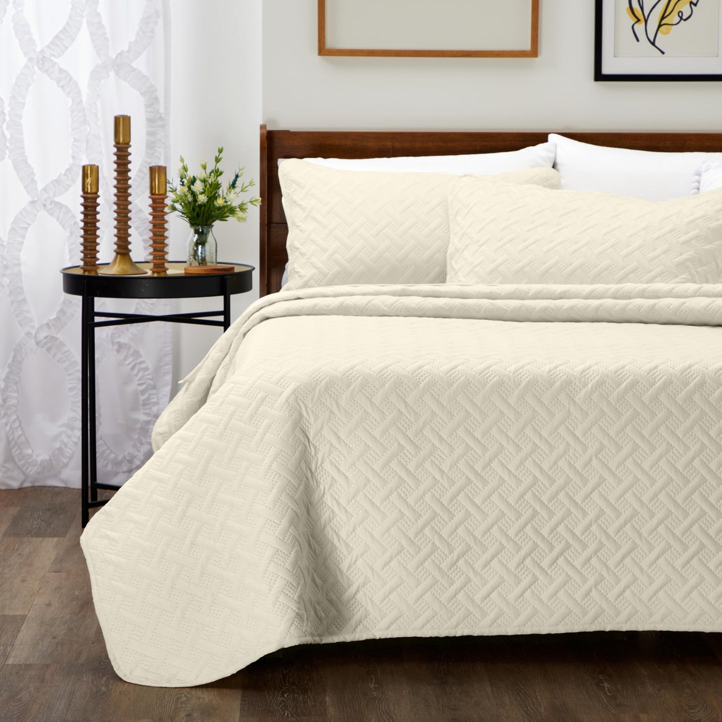 Cosy House Collection Luxury Rayon Derived from Bamboo 3-Piece Quilt Set - Ultra Soft Quilted Coverlet Bedspread - Classic Weave Stitch - Includes Quilt and 2 Pillow Shams (Full/Queen, Cream)