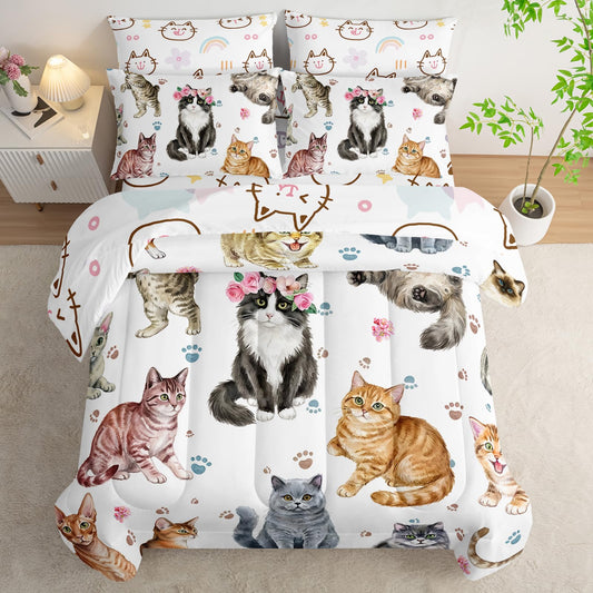 AILONEN Kids Cat Comforter Set Twin Size,7-Piece Soft Bed in a Bag,Watercolor Cat Print Comforter & Fitted Sheet & Flat Sheet & 2 Pillowcases,2 Pillow Shams for Bedroom