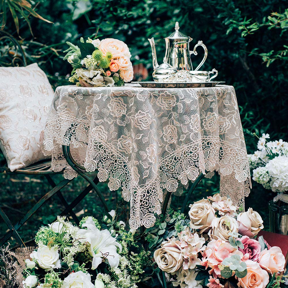 ARTABLE Rectangle Small Table Cloth Lace Macrame Vintage Tablecloth Shabby Chic Embroidered Oblong Table Cover for Wedding Banquet Holiday Long Dinner Tables (Golden, 43"x43")